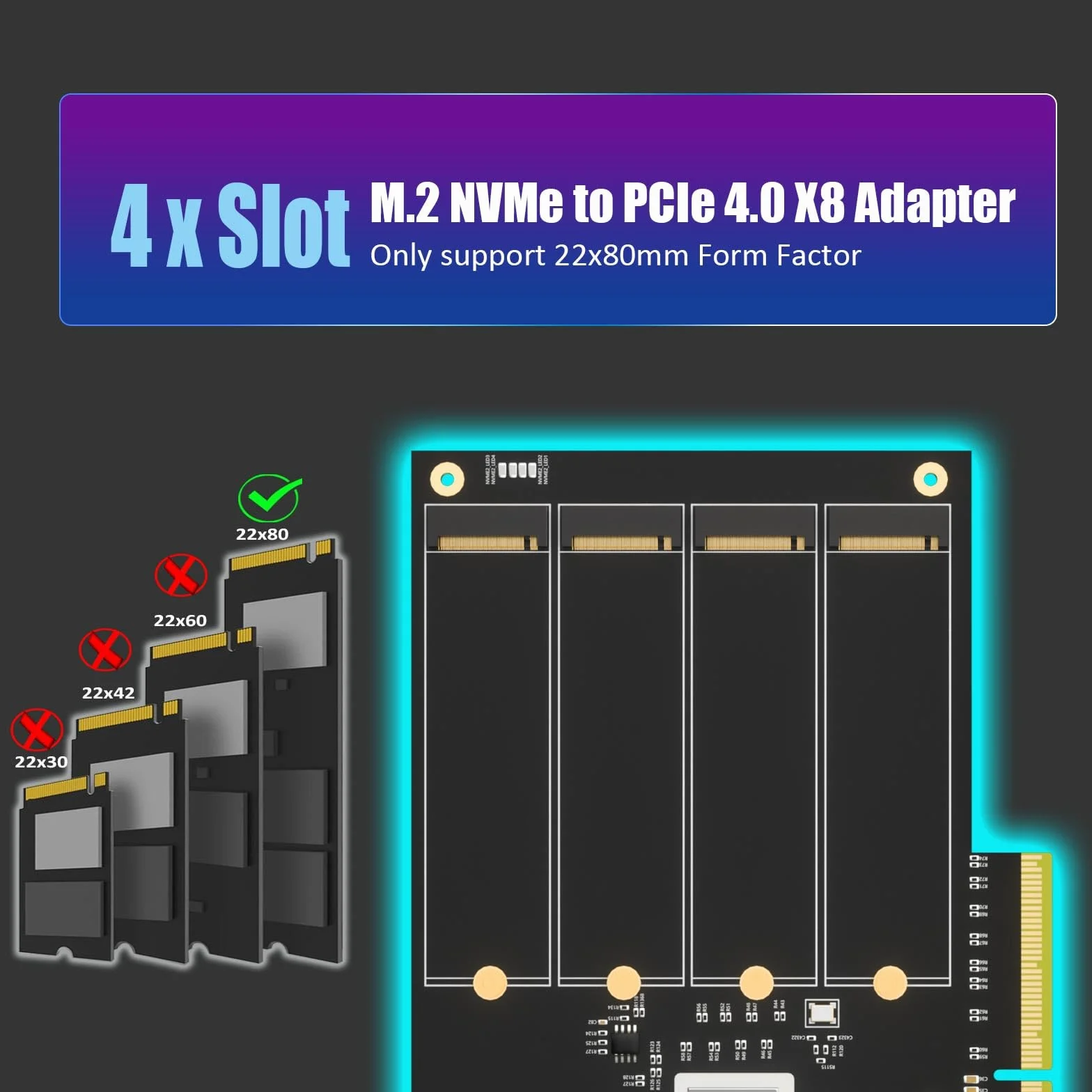 GLOTRENDS PA44 Adattatore Quad M.2 NVMe a PCIe 4.0 X8 con biforcazione PCIe, configurazione RAID M.2 NVMe tramite strumento OS (supporta solo formato 2280)