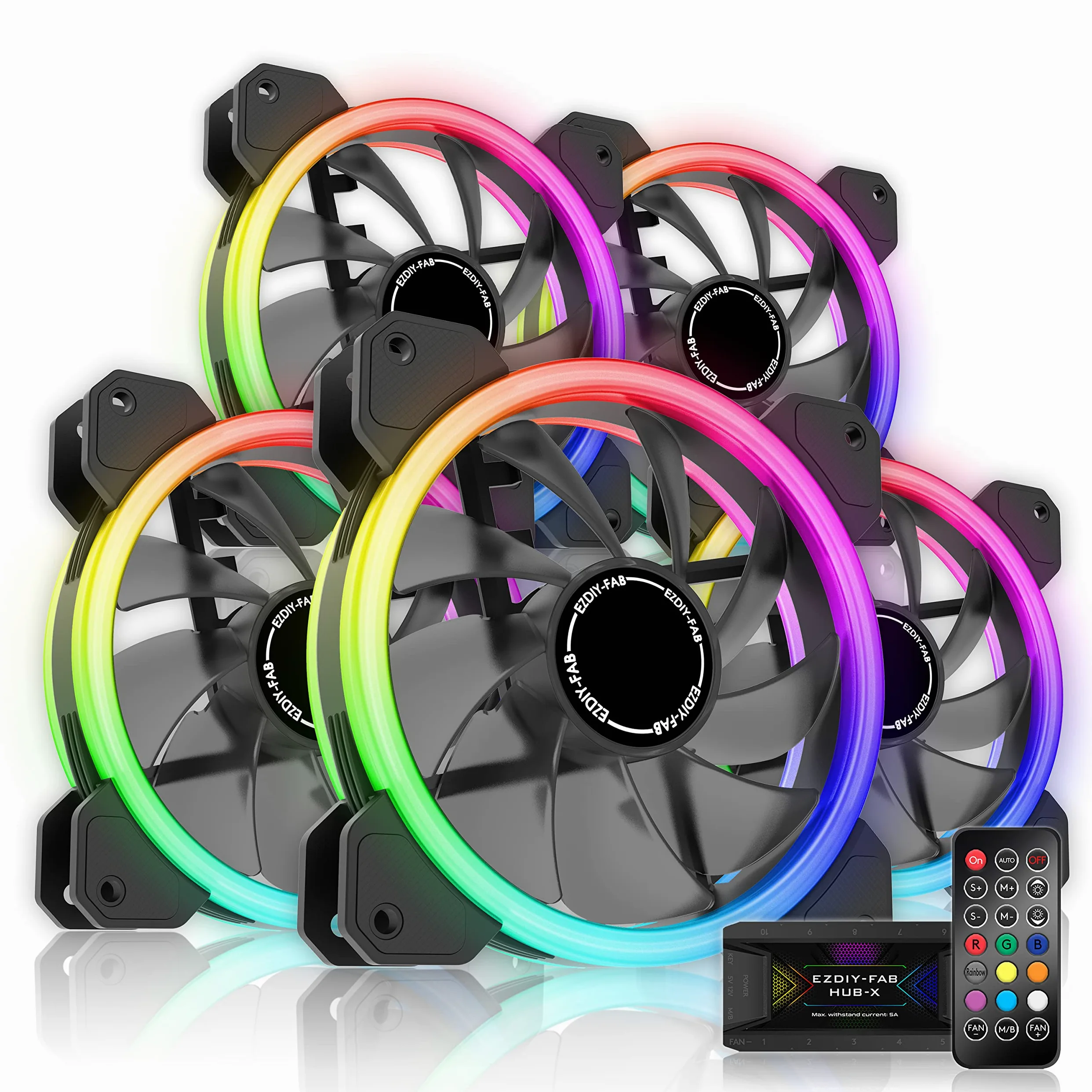EZDIY-FAB RGB Ventole Case,Dual Ring 120mm Ventola PC,5V Scheda Madre Sync,RGB Sync Fan con Fan Hub X e Telecomando-5 Pack