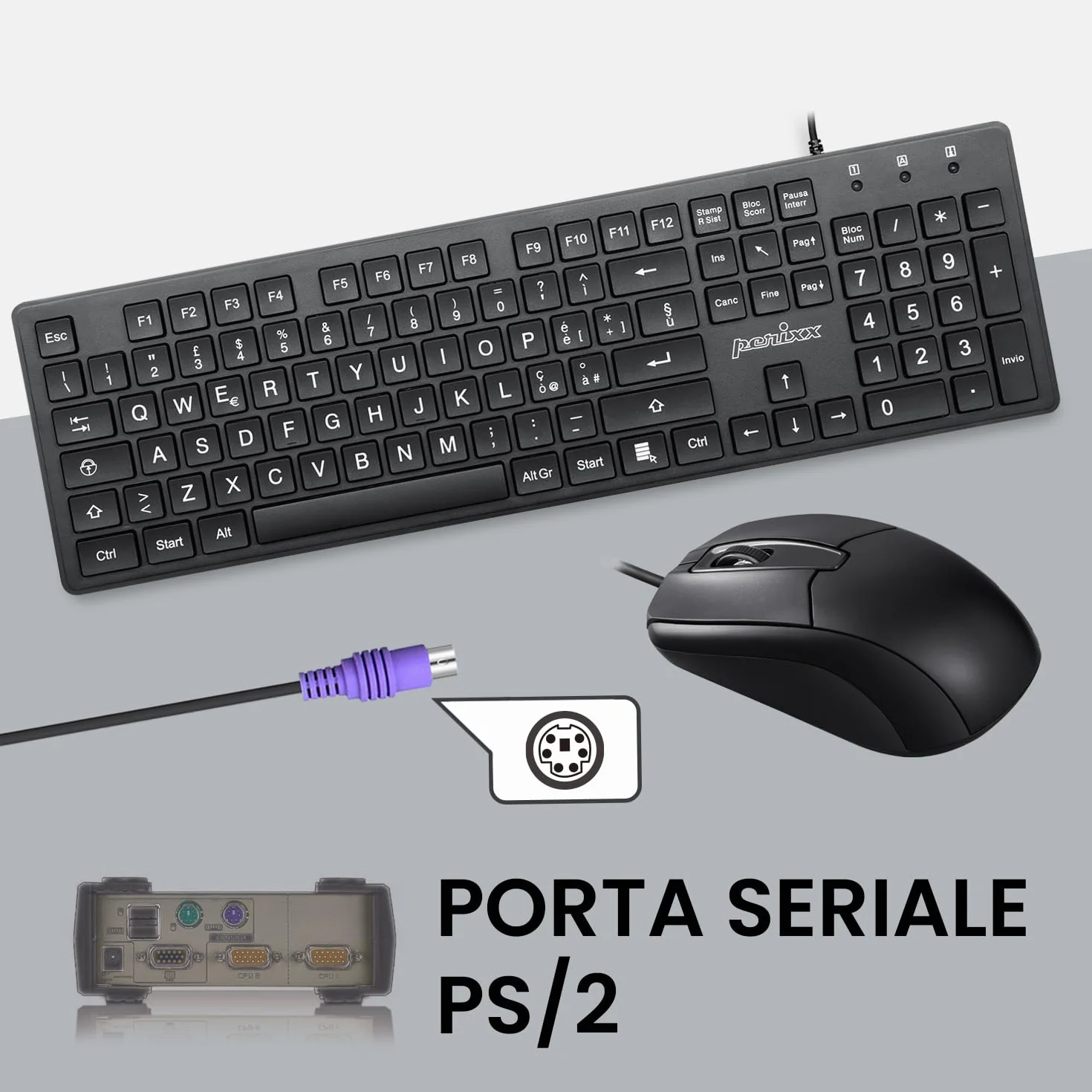 Perixx PERIDUO-117P Set Tastiera e Mouse PS/2, Layout QWERTY Italiano, Mouse Ottico a 3 Tasti, Cavo da 1,8 m, Nero