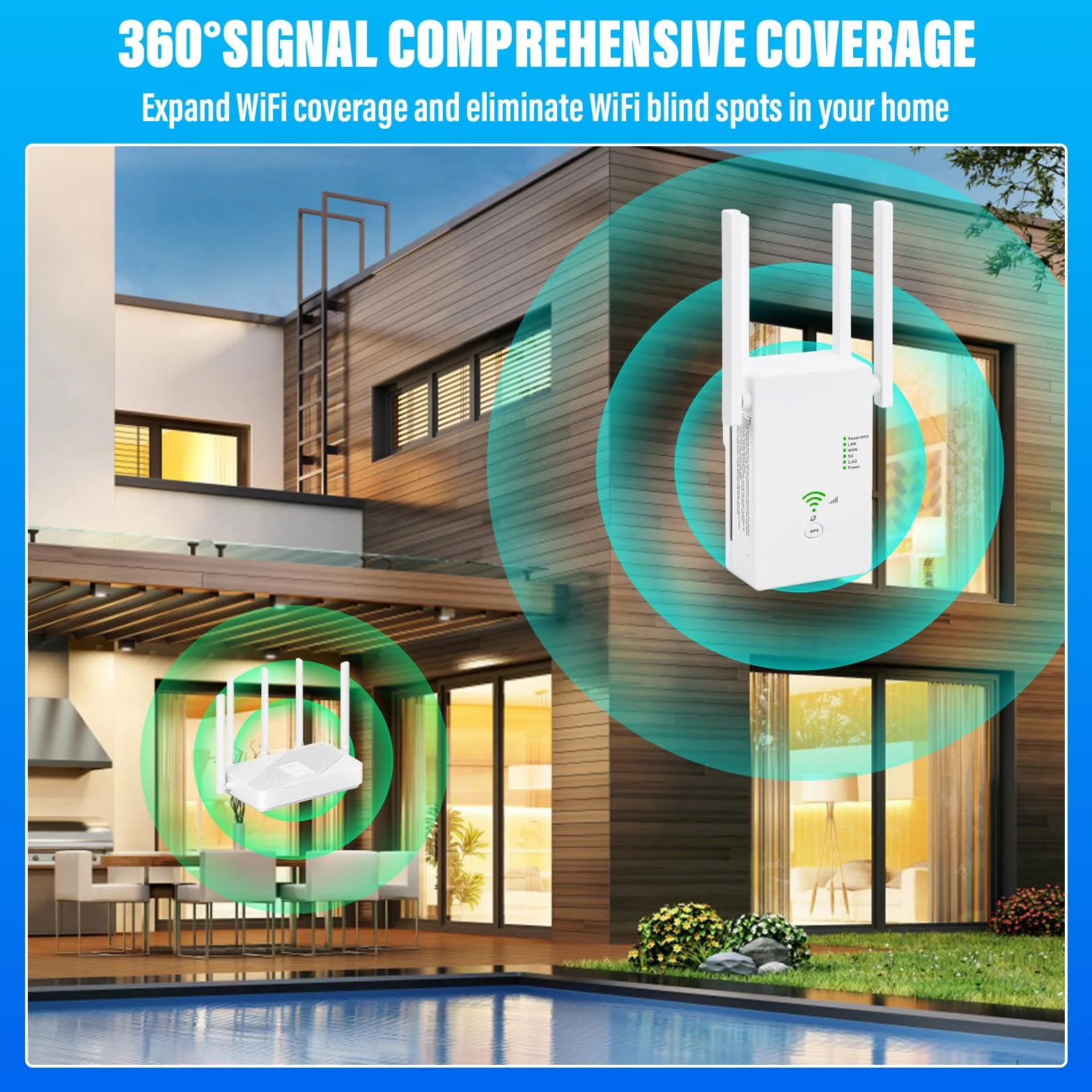 Ripetitore WiFi Potente Per Casa, 1200Mbps WiFi Extender Dual Band 5GHz & 2,4GHz con 4 Antenne, Porta Ethernet, WPS, Amplificatore Wifi Supporta Modalità Ripetitore/Router/AP (Bianco)