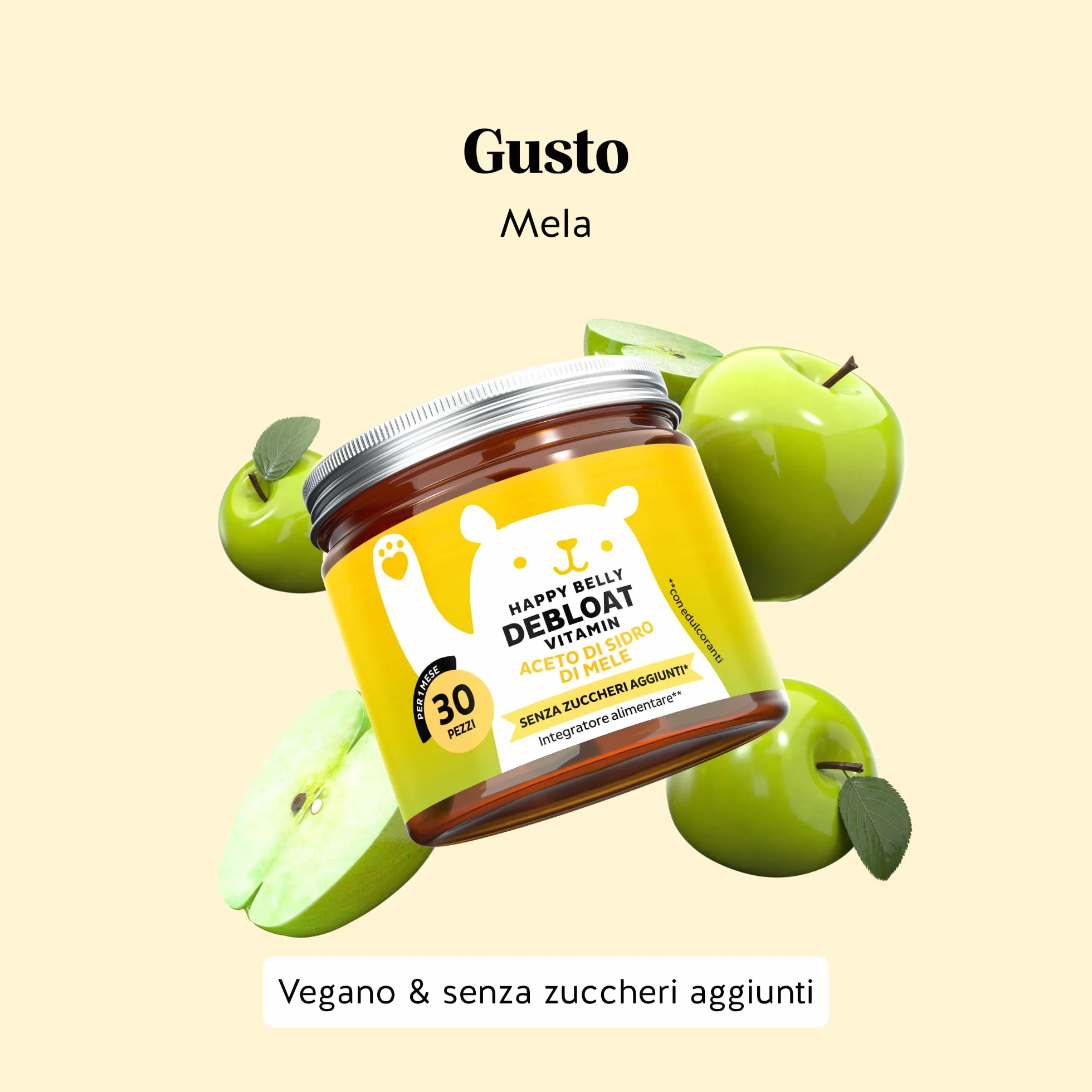 Happy Belly Debloat Aceto di Mele Gommose 7500mg Vitamina B6 B12 30 Pezzi Senza Zuccheri Vegano