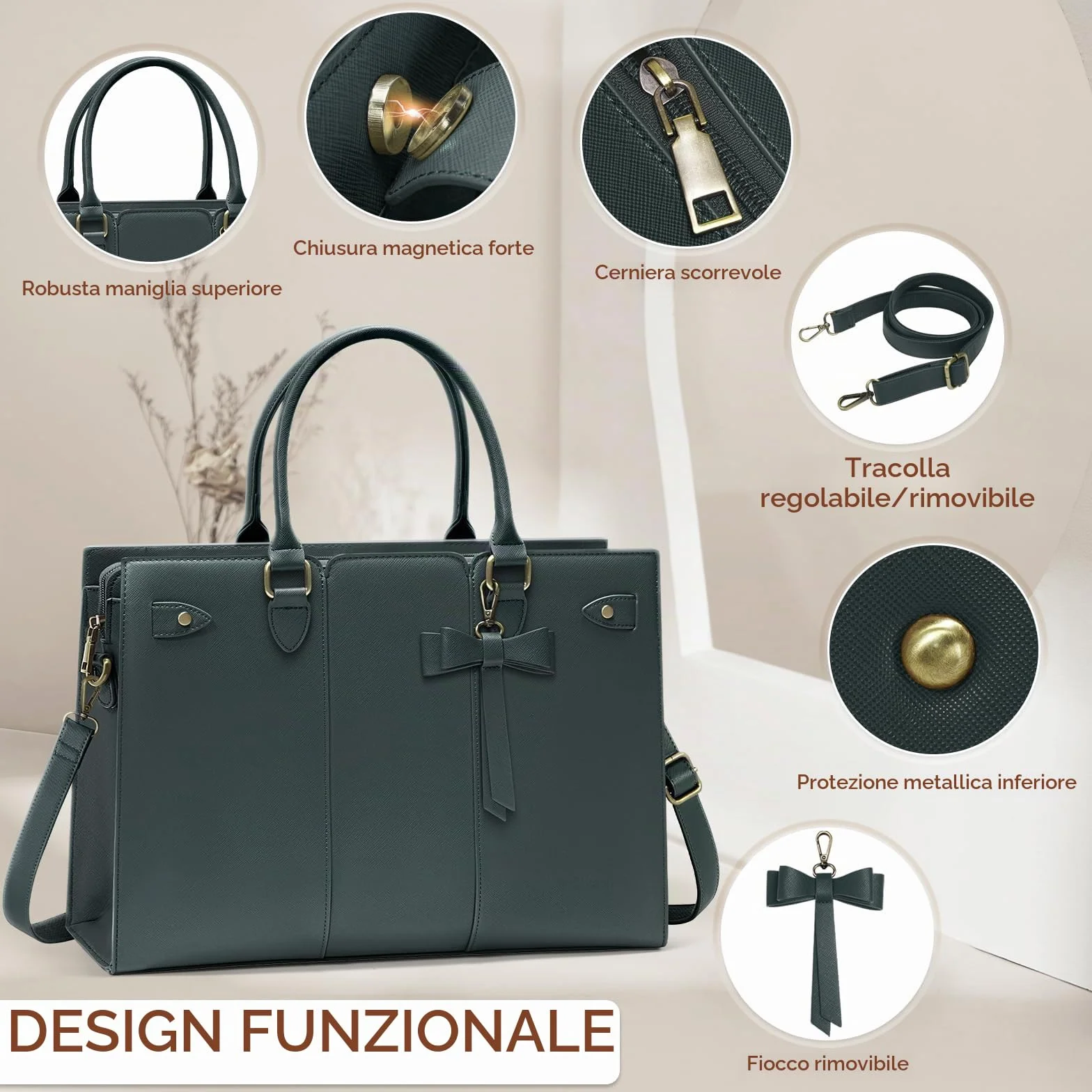 RAINSMORE Borsa Lavoro Donna PU Pelle Porta PC Ufficio Università Tote Bag Tracolla Grande 15.6 Pollici Verde Scuro