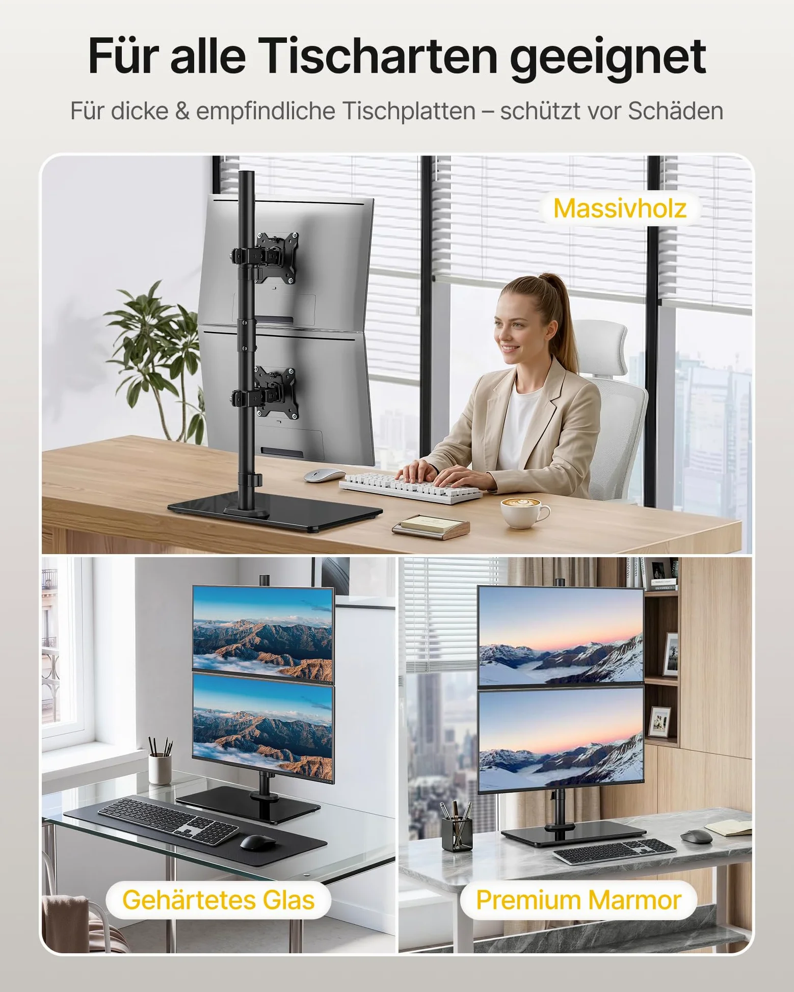 monTEK Supporto verticale Monitior 2 Monitiore con base in vetro per schermi da 17-32 pollici, portata massima 10 kg per braccio, supporto per monitor autoportante, completamente mobile e regolabile