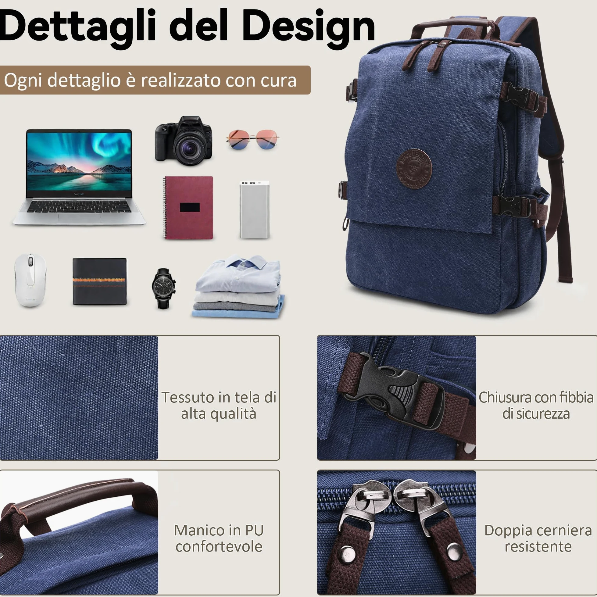 Zaino per Laptop Uomo Tela Zaino Viaggio Adatto per Laptop da 15.6 pollici Outdoor College Campeggio Lavoro Casual Alpinismo Grande Capacità Durevole Blu