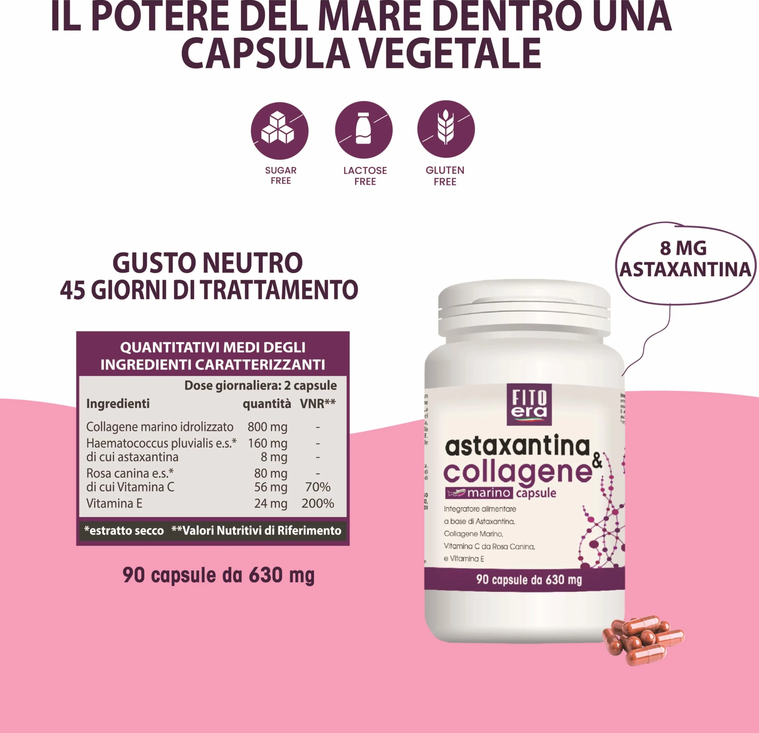 FITOERA Astaxantina Naturale 8 mg + Collagene Marino – Integratore Antiossidante – 90 Capsule Vegetali Made in Italy