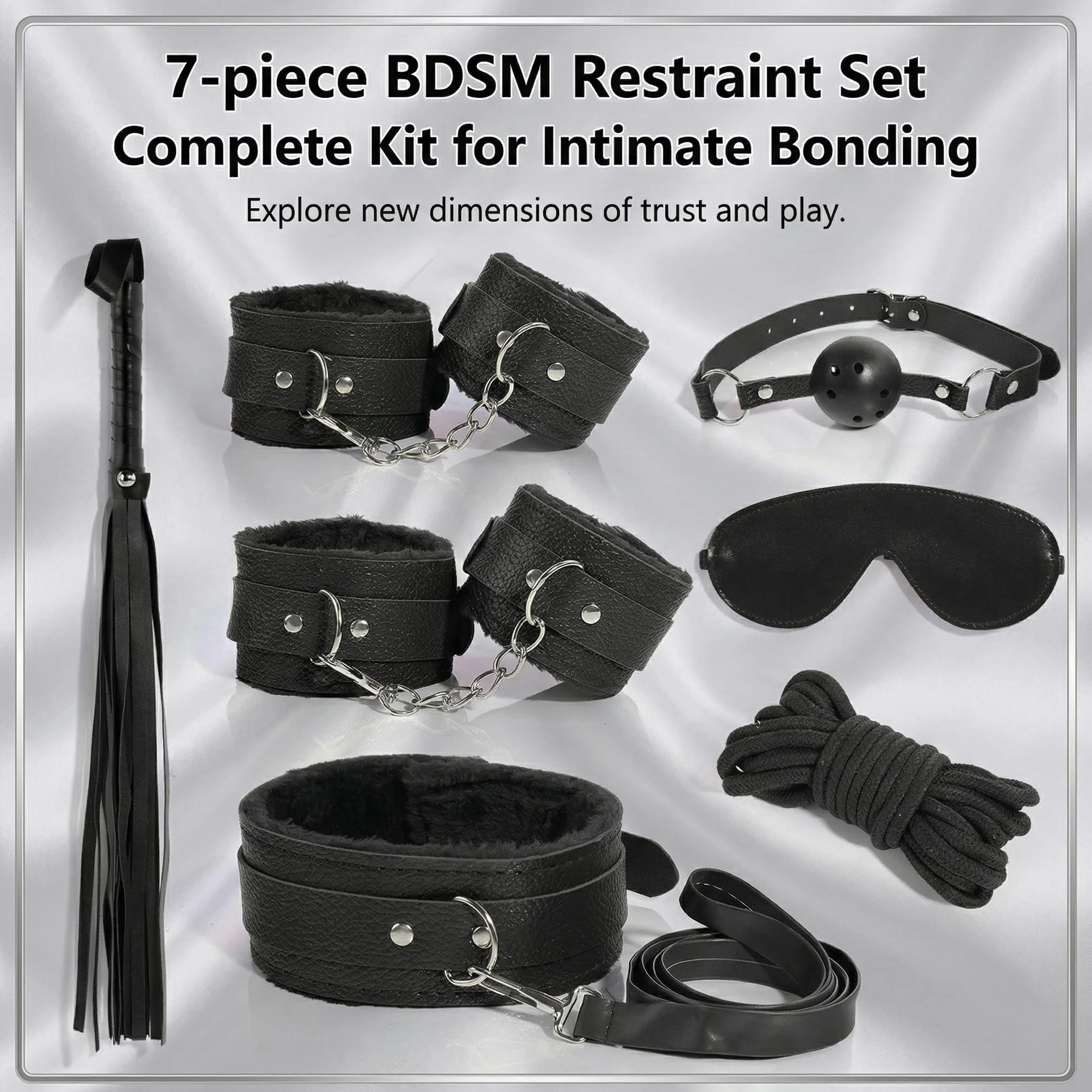 Set di legacci BDSM 7 pezzi, manette, collare con corda, benda SM, giocattoli erotici (Nero)