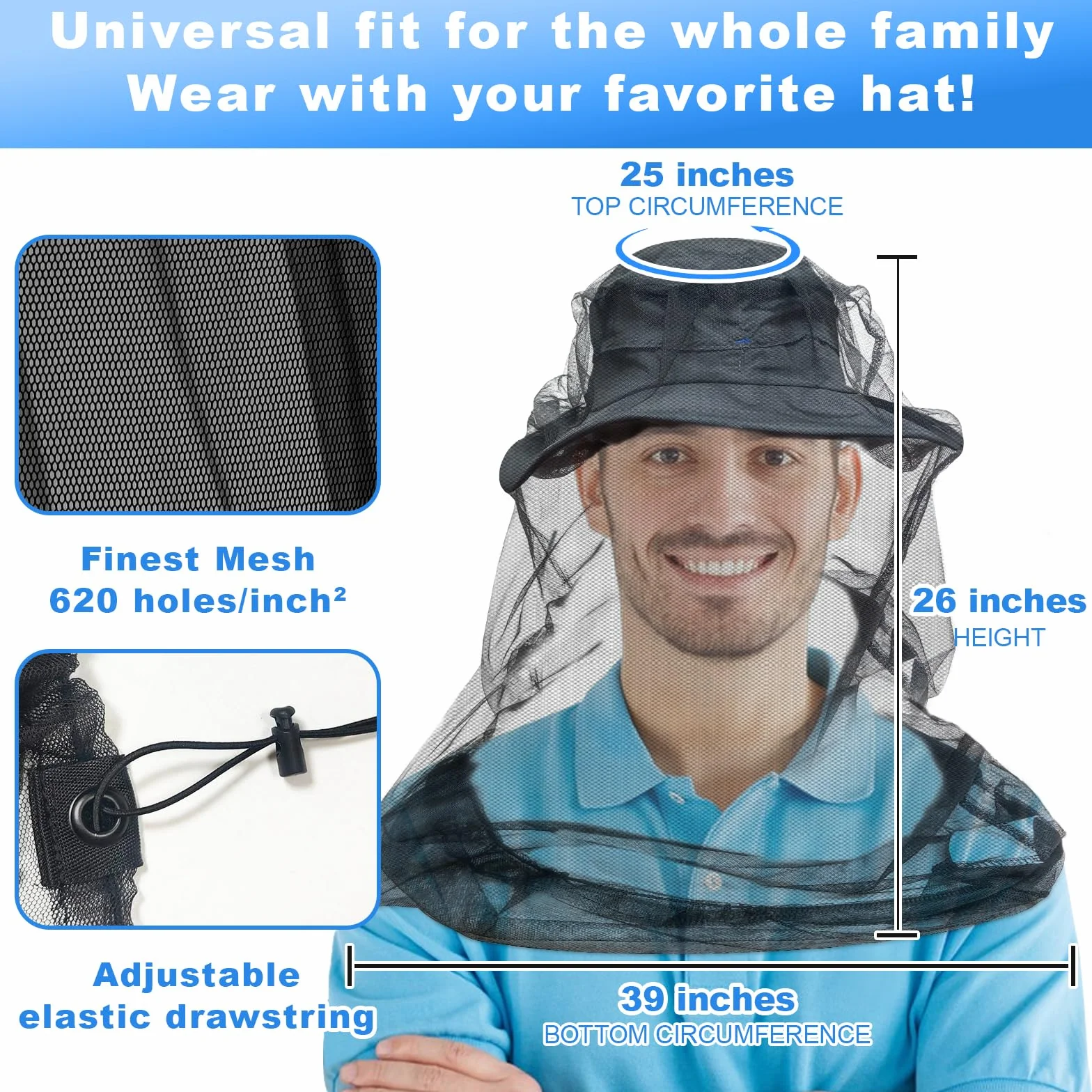 Cappello con zanzariera Confezione da 2 pezzi Protezione da mosche e insetti Ultra grande e lunga fori extra fini Head net