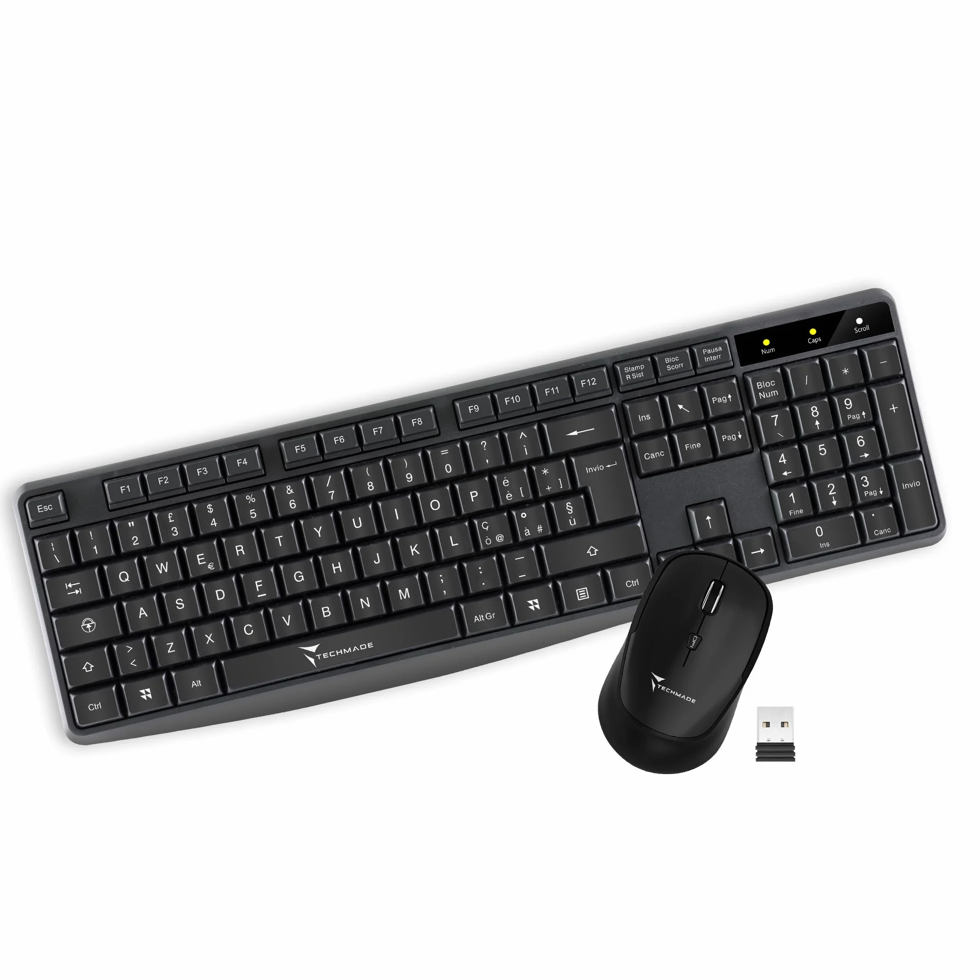 Techmade KM001 Kit Combo Tastiera e Mouse Wireless per Windows e Mac | Mouse Wireless | Tastiera Dimensioni Standard | Tastierino | Ricevitore USB Unico per PC e Laptop | Layout Italiano QWERTY