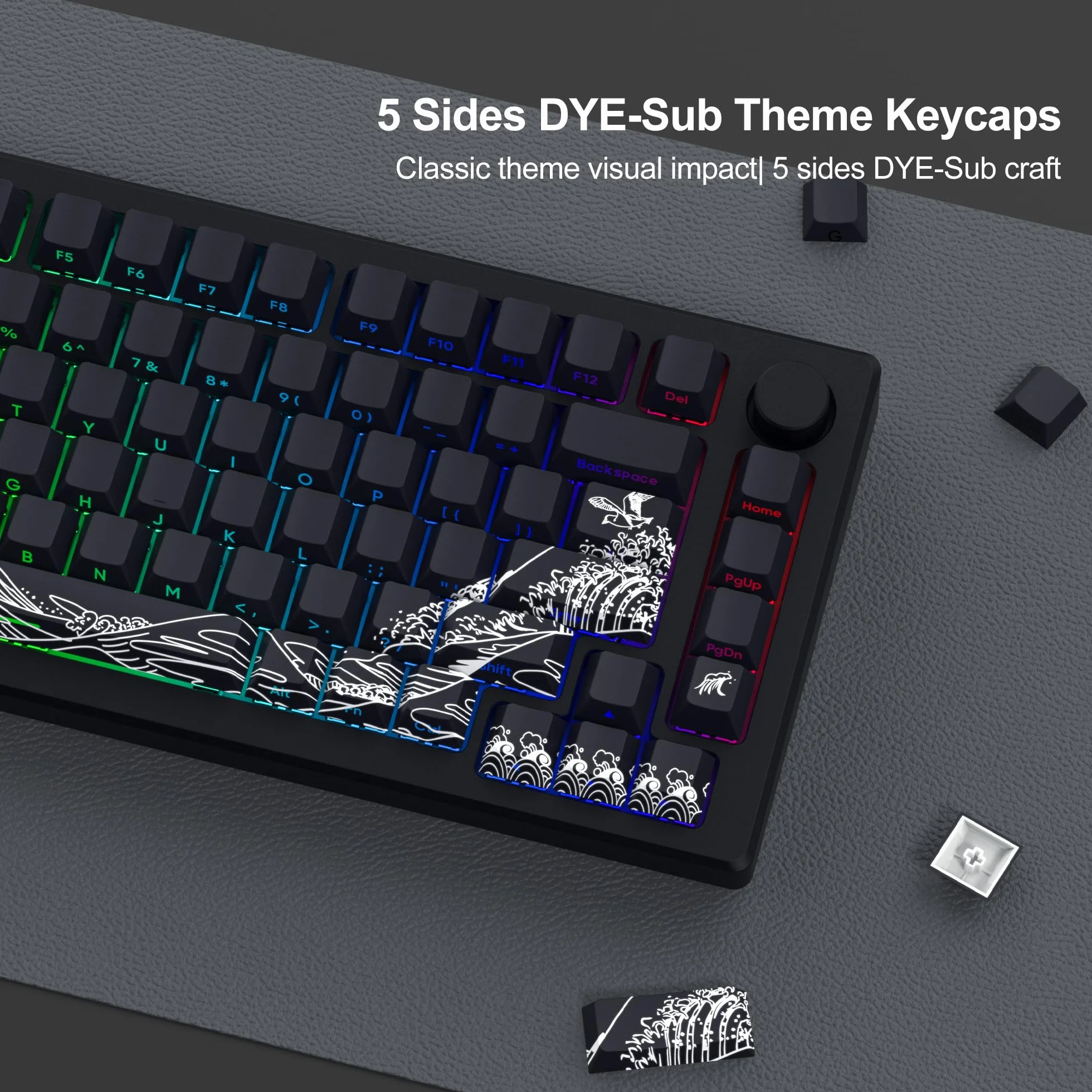 Keycaps PBT Custom Cherry Profile Shine Through Wave of Kanagawa Double Shot Side Print Dye Sub Keycap Set