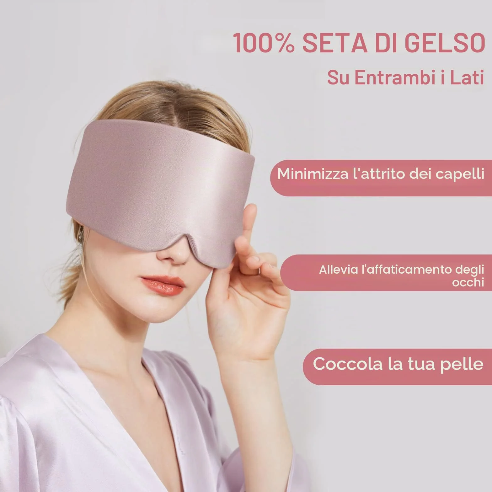 Mascherina per dormire in seta di gelso 100% regolabile rosa