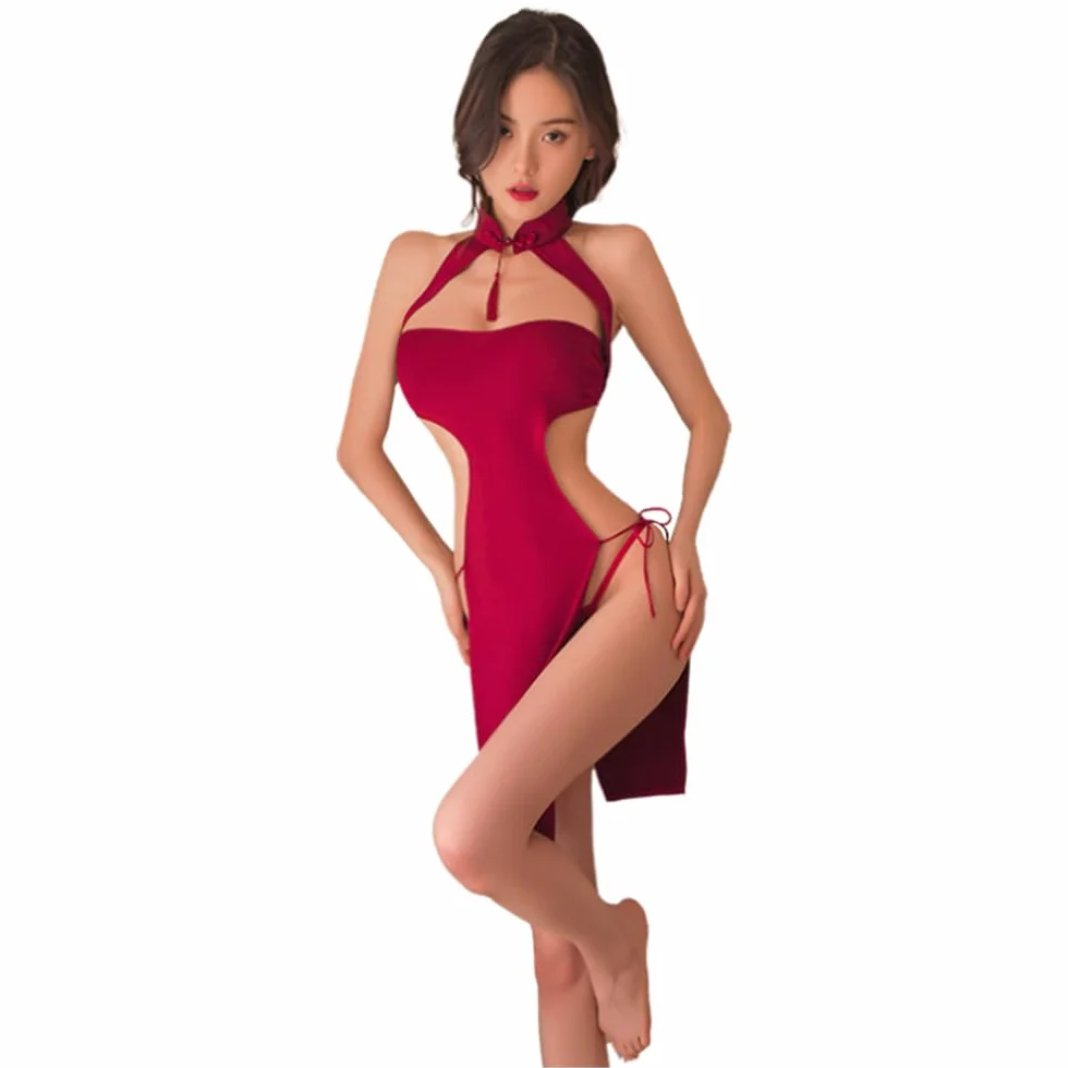 Donne Sexy Velluto Cheongsam Cinese Raso Split Stretto Mini Vestito Intimo