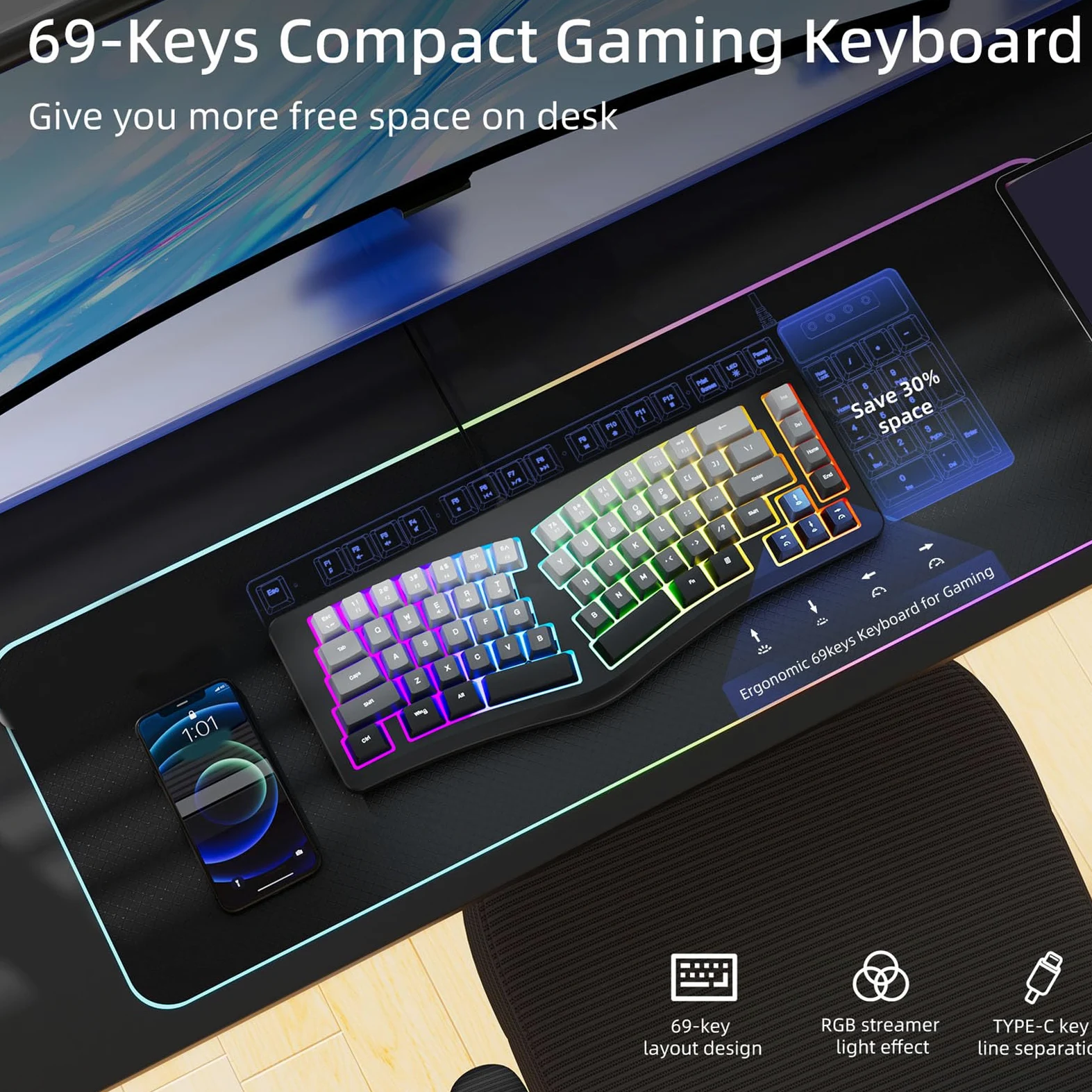 Cuifati Tastiera Ergonomica con Retro RGB, Tastiera da Gioco Cablata USB a 7 Colori, Tastiera da Gioco Meccanica a 69 Tasti per PC, Wins, OS X, Angolo di 166° a Forma di V
