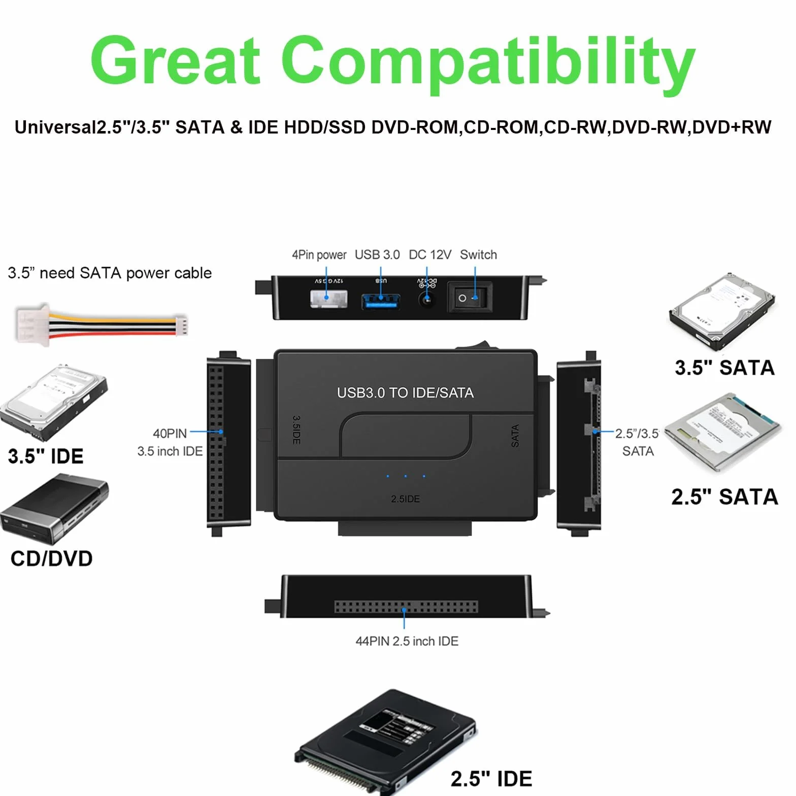 Adattatore USB 3.0 a IDE/SATA 12V per HDD SSD 2.5/3.5 pollici, supporta 6 TB