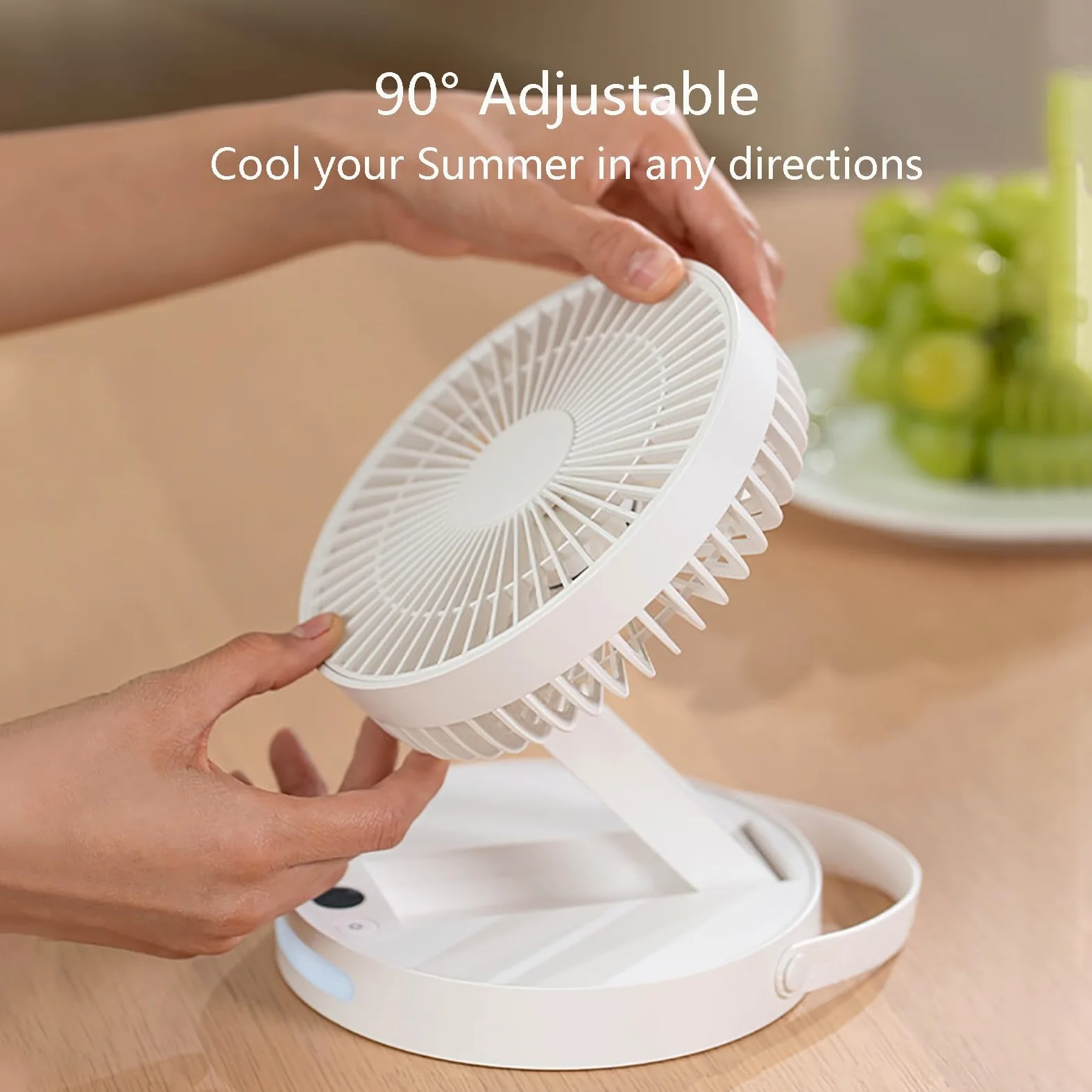 Ventilatore da tavolo portatile ricaricabile con luce notturna, ultra silenzioso, 5 velocità, design compatto per ufficio, dormitorio, viaggi, mini ventilatore pieghevole USB (bianco)