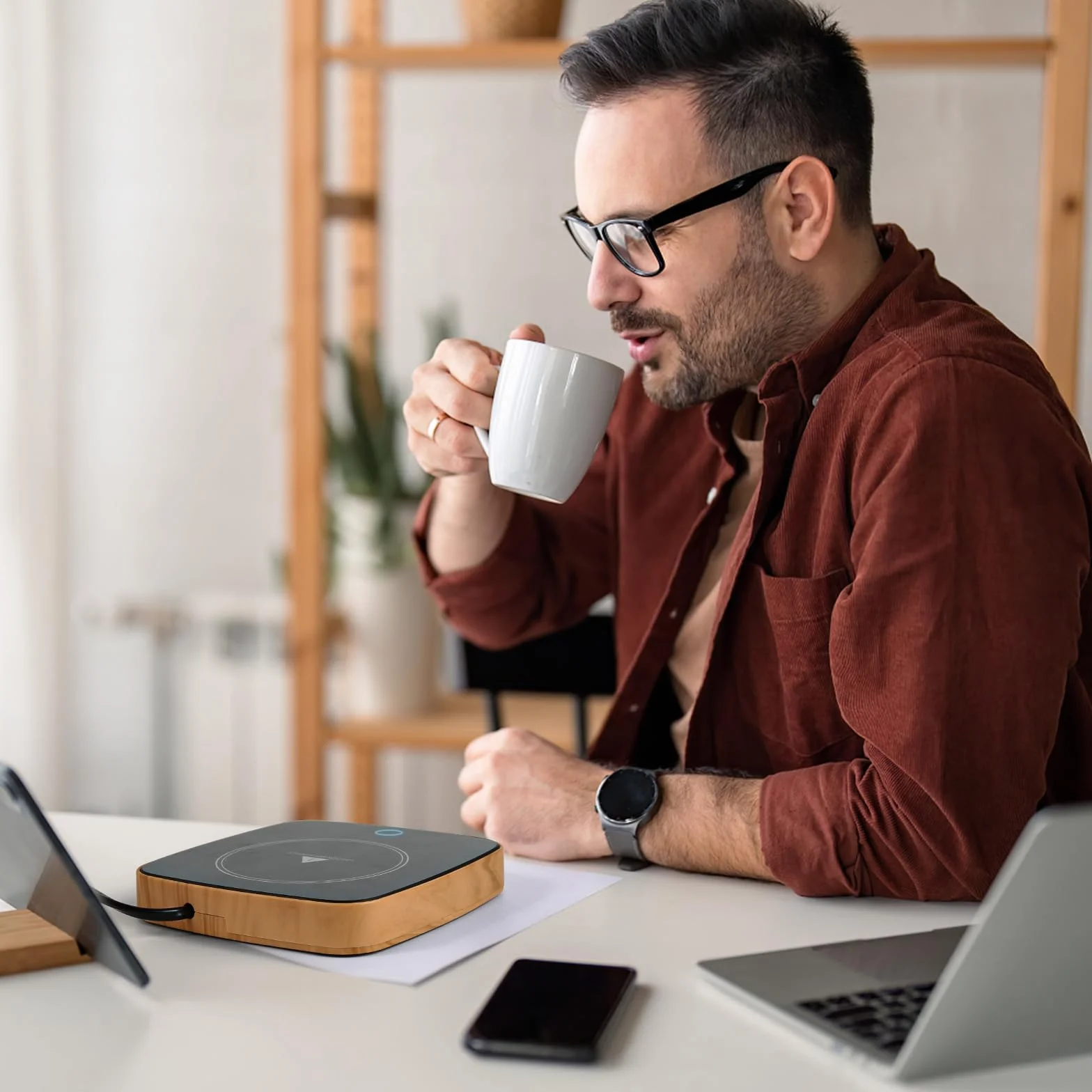 Scalda Tazza, Teklemon Scaldatazze da Caffè, Scalda Bevande Elettrico con 3 Impostazioni di Temperatura, Scaldino da Tè, Scaldino Elettrico per Bevande Cacao Latte Caffè Tè (In Legno)