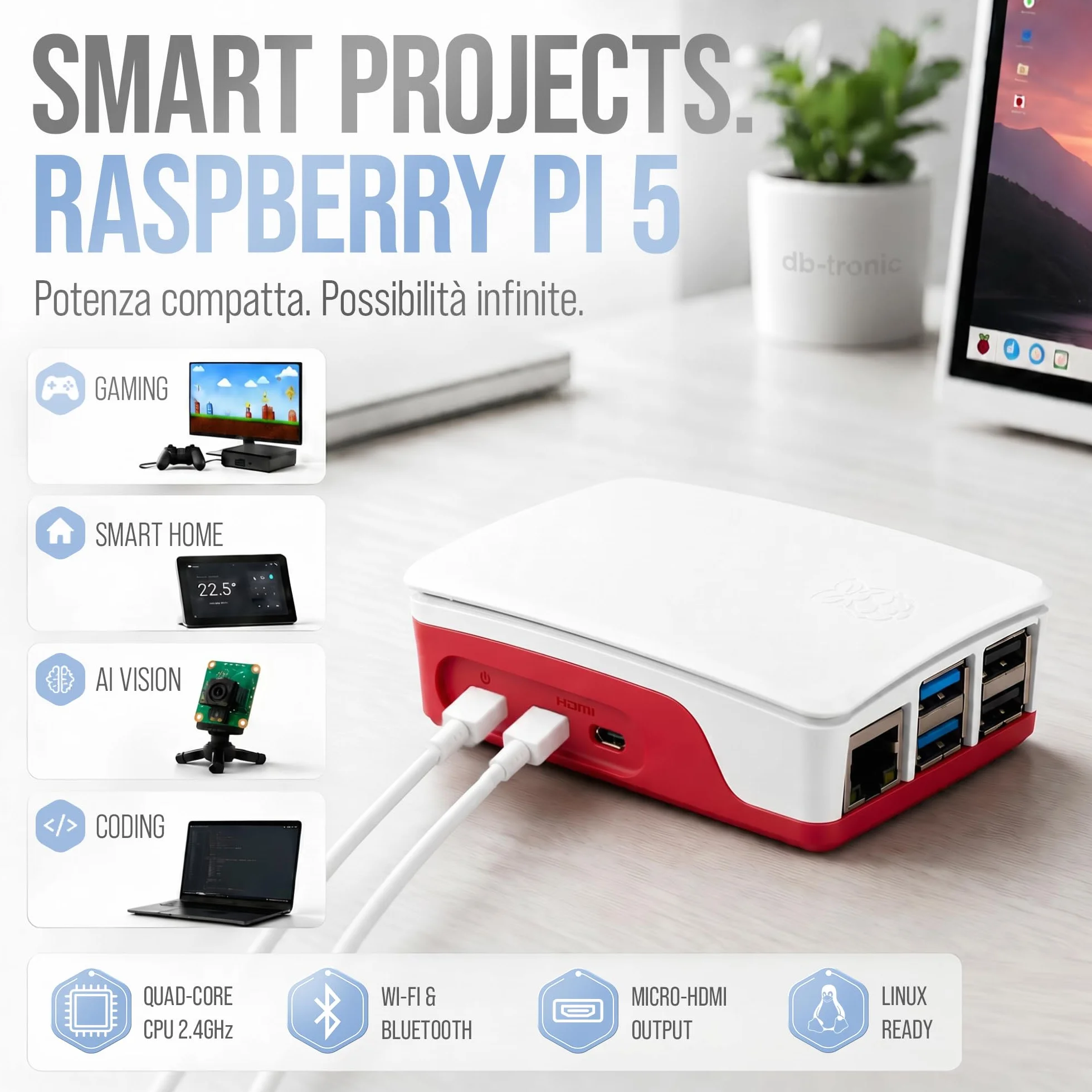 Raspberry Pi 5 4 GB Starter Kit 64 GB Edizione con Alimentatore 27 W Alloggiamento Ventola Cavo Micro HDMI 4K per Home Assistant Smart Home