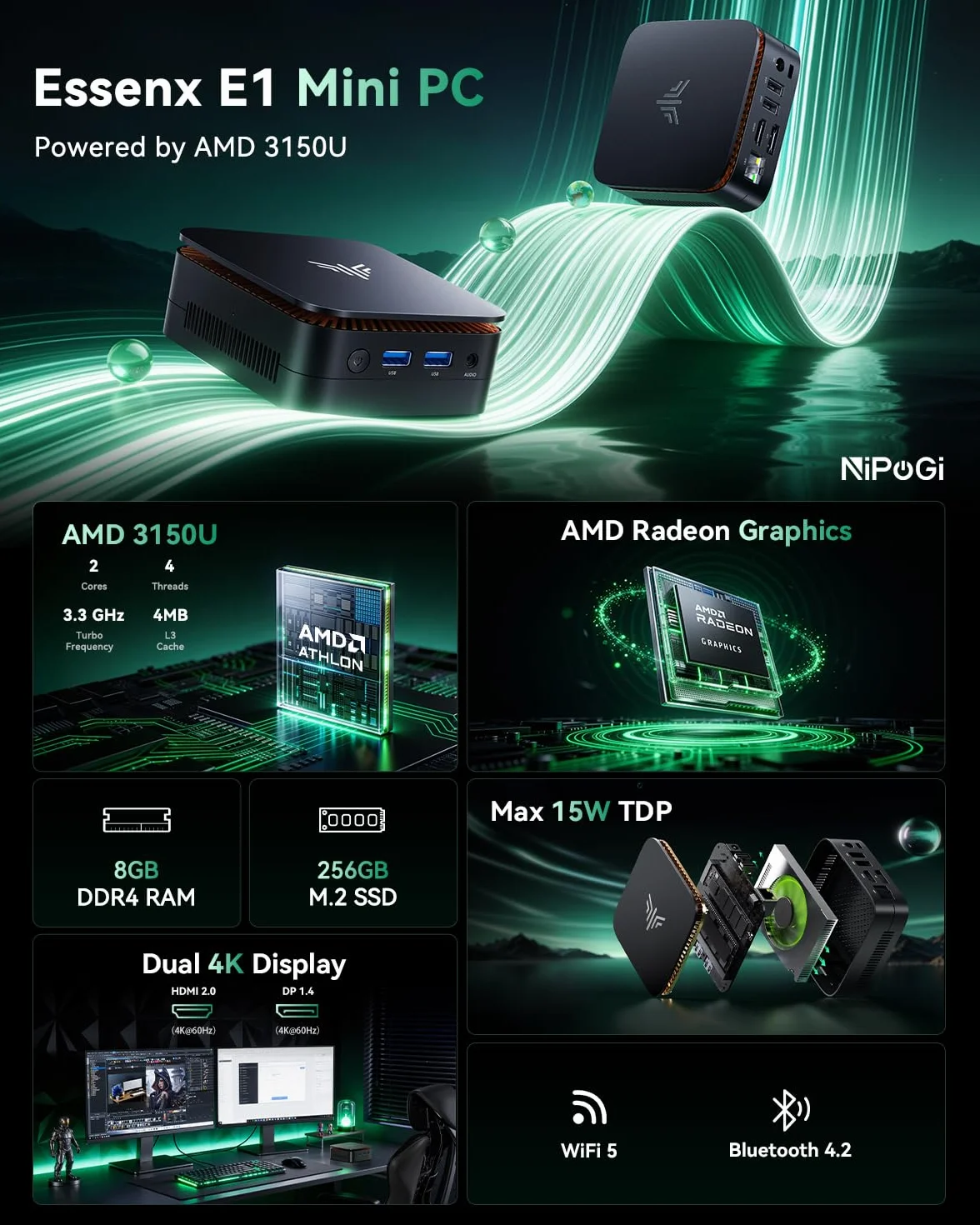 NiPoGi Essenx E1 Mini PC AMD 3150U 8GB DDR4 256GB SSD 4K@60Hz Dual Display WiFi 5 BT 4.2 LAN W11 Pro