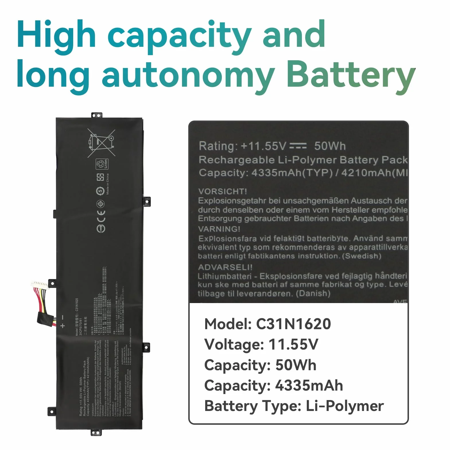 K KYUER 50Wh C31N1620 Batteria per Asus Zenbook UX430 UX430U UX430UA UX430UAR UX430UN UX430UNR UX430UQ U4100 U4100U U4100UN U4100UQ UX3400 UX3400U UX3400UA UX3400UN UX3400UQ BX430 BX430UA UX3430UQ