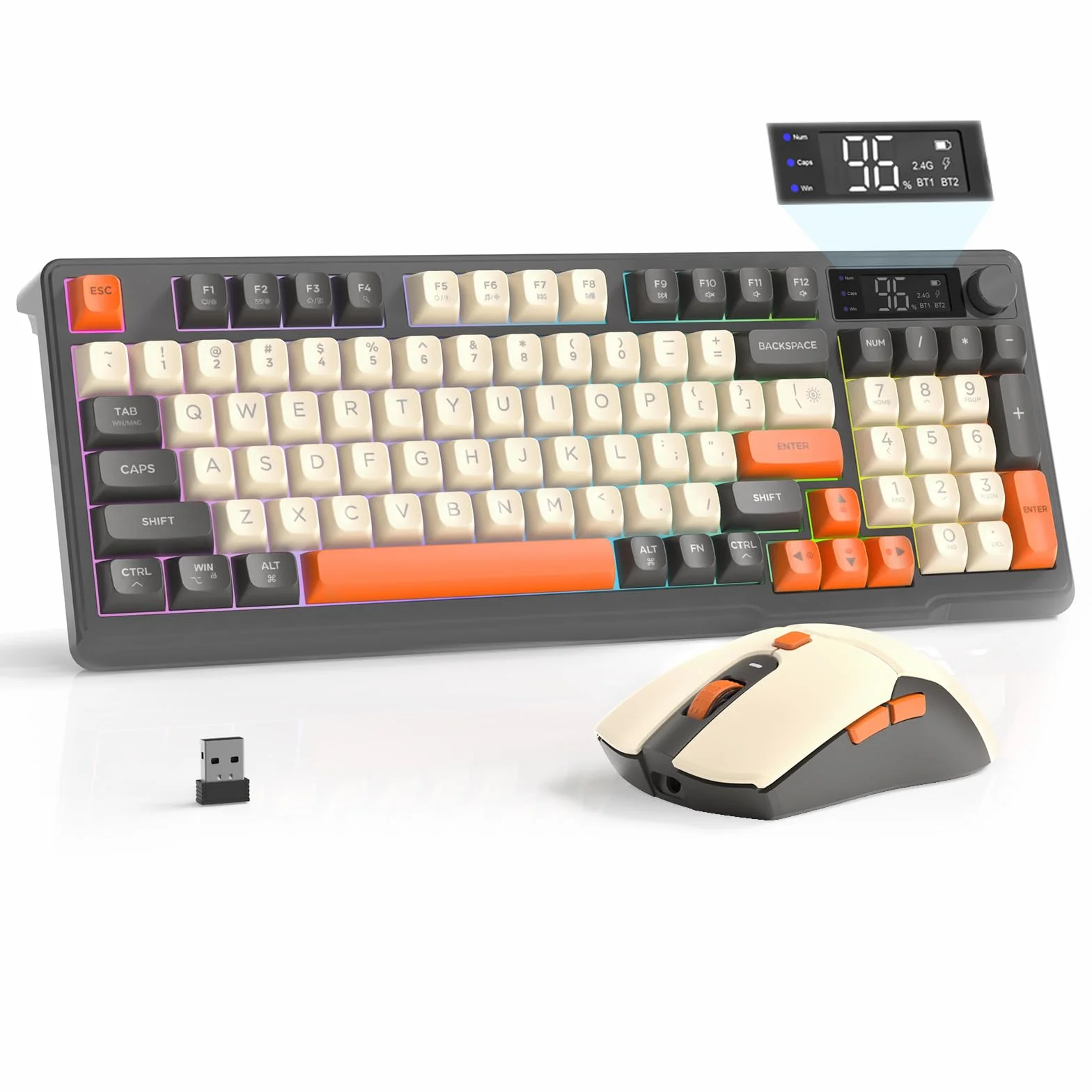 FREEWOLF T96 Tastiera e Mouse Wireless, Bluetooth & 2.4G, Tasti PBT, Manopola Multimediale, Schermo, Silenziosa, Anti-ghosting, US Layout, QWERTY, per Mac/Windows/Linux - Luccichio