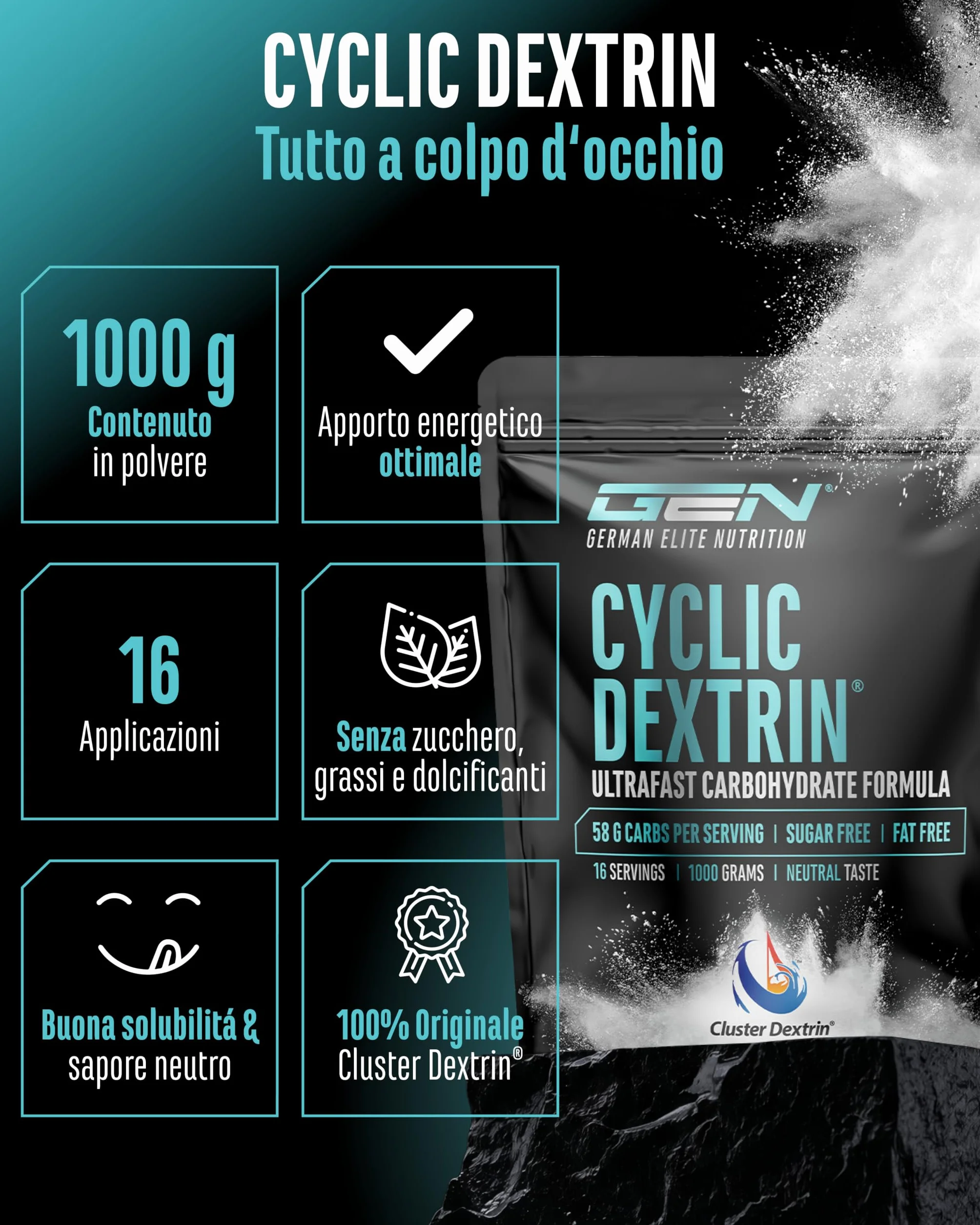 Cluster Dextrin® 1000 g - Polvere di carboidrati ciclica - Destrina ramificata - Energia vegana