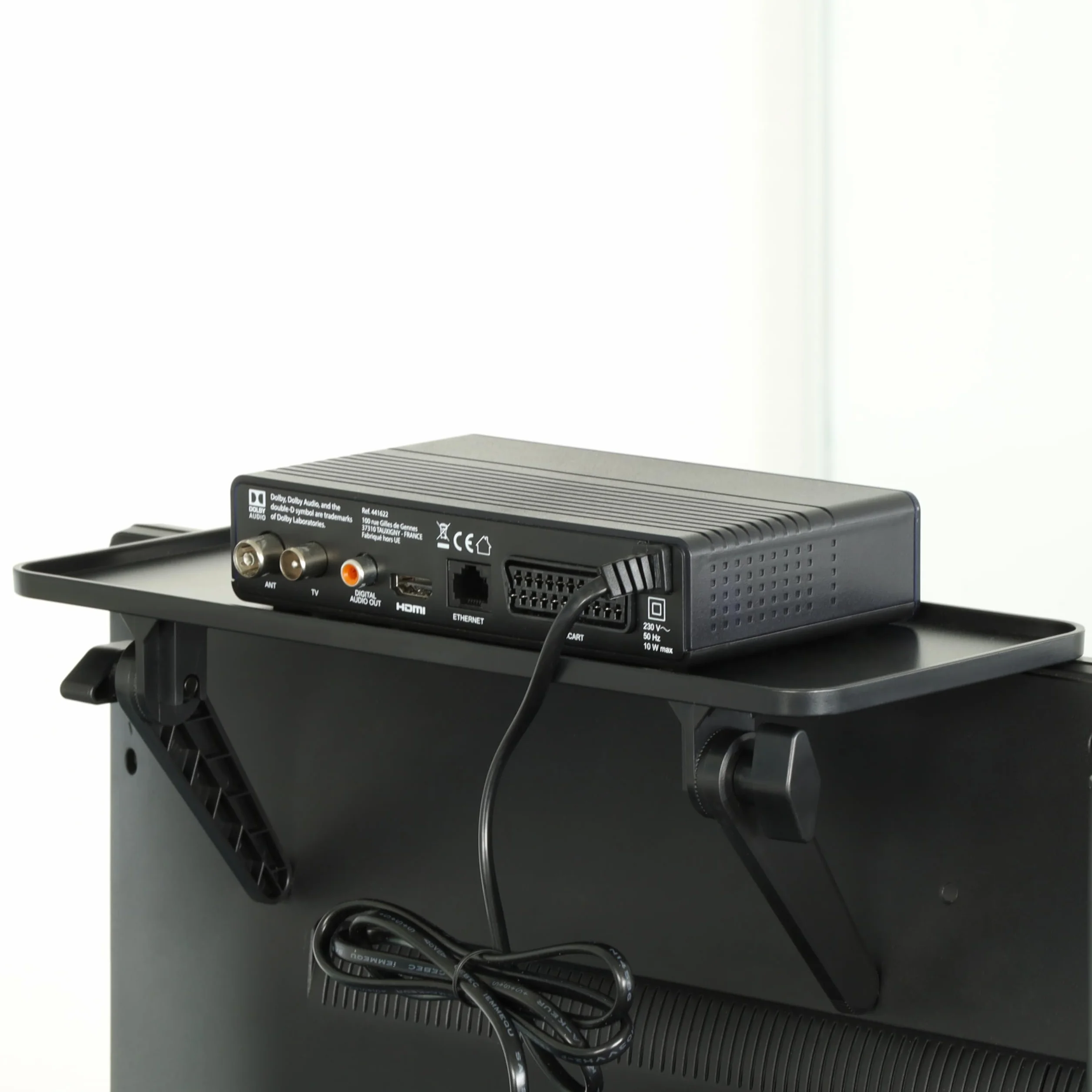 METRONIC 451074 - Scaffale per TV con supporto per schermo, monitor, decoder tablet, vassoio superiore per supporti multimediali, altoparlanti - semplice installazione - nero
