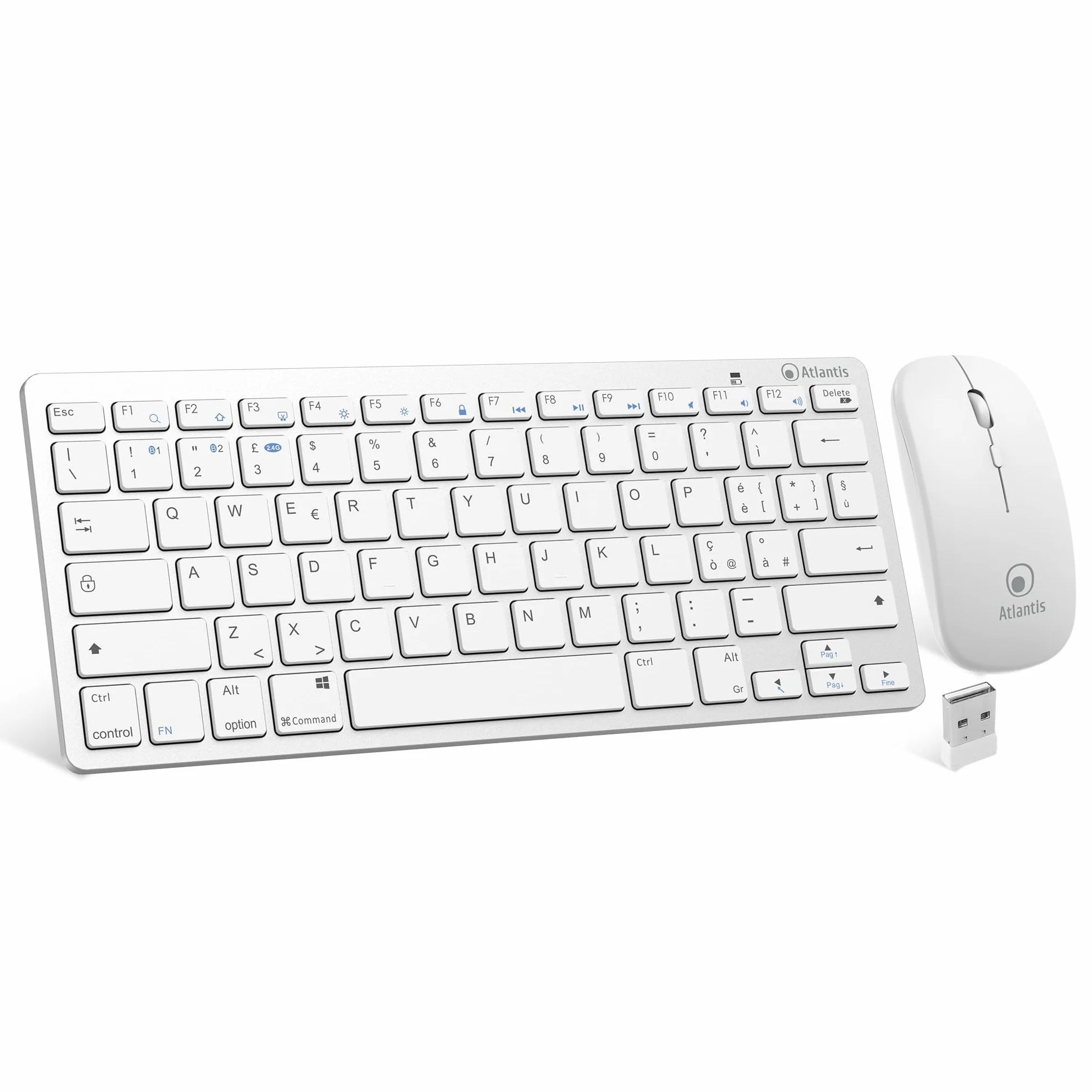 Atlantis ARGO 900Pro Combo KIT Mini Tastiera Ultraslim + Mouse - Wireless senza fili RF + Bluetooth, QWERTY 78 tasti “chocolate key”, per PC/Notebook/Smartphone/tablet/iOS/Android, Bianco