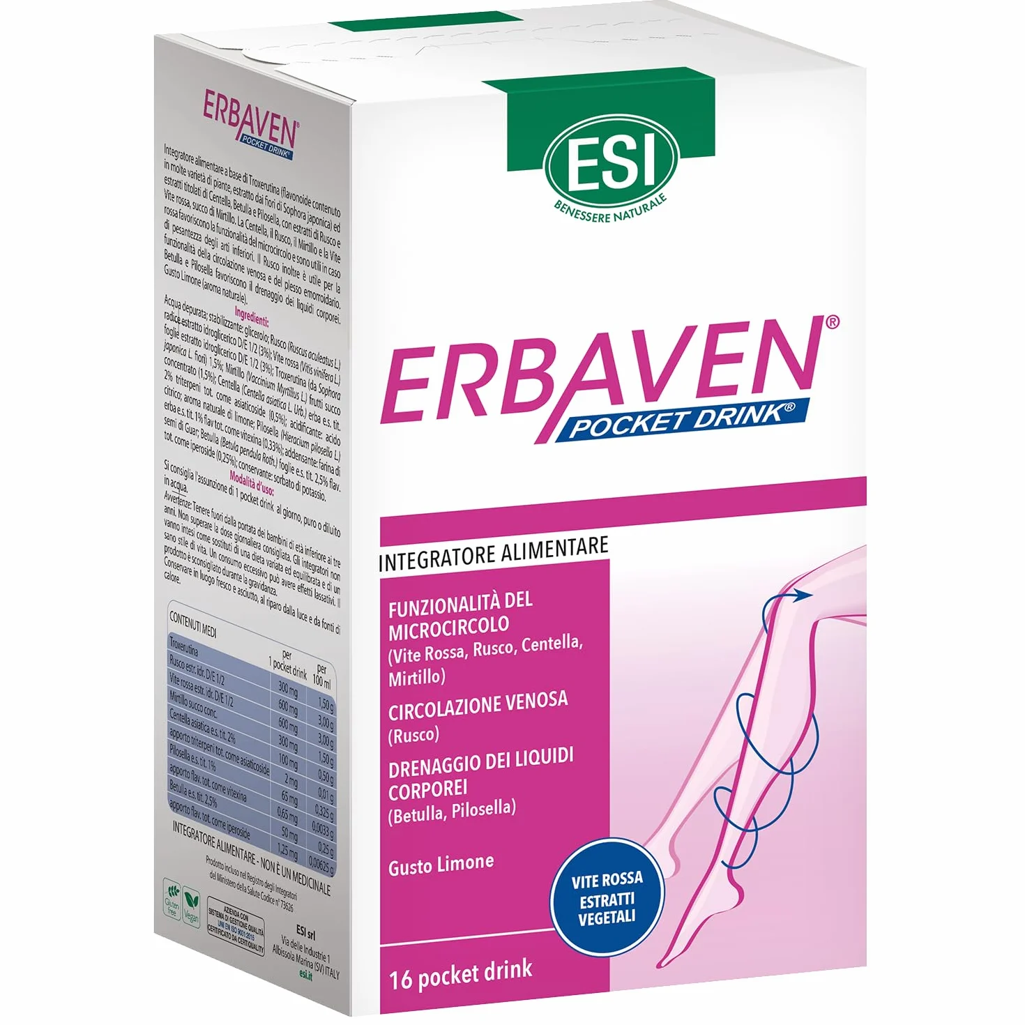 ESI Erbaven Integratore Alimentare Vite Rossa Centella Asiatica Betulla Microcircolo Drenaggio Liquidi Gusto Limone Senza Glutine Vegano 16 Pocket Drink