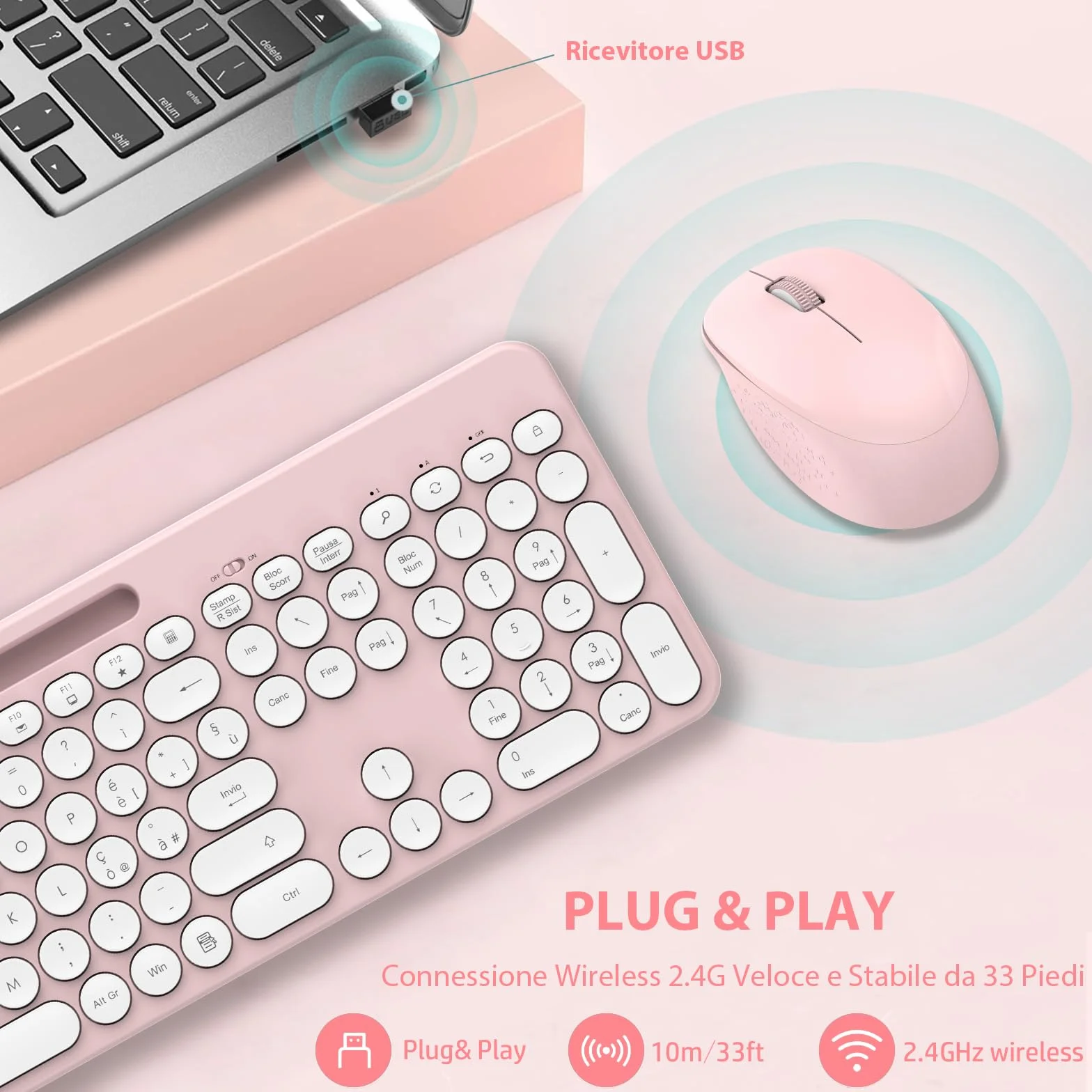 LeadsaiL Set Tastiera e Mouse Wireless, Italiano QWERTY 2.4GHz Full-Size Tastiera e Mouse Senza Fili con Supporto per Telefono e Tablet, Ergonomica, Tastierino Numerico per Computer, PC, Laptop-Rosa