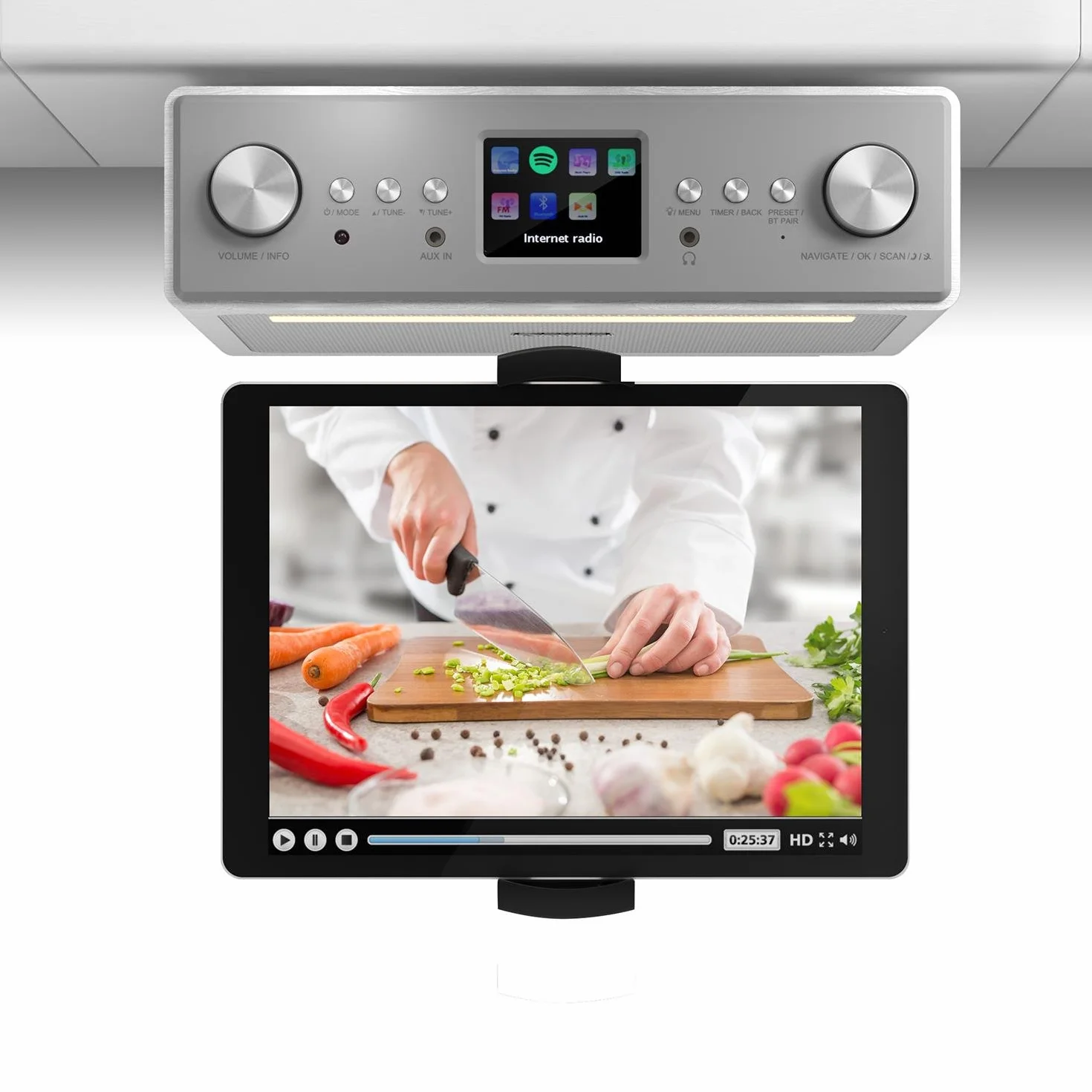 AUNA Connect SoundChef - Supporto per tablet, Supporto per Smartphone, Piastra di supporto, 13-22 cm, Alluminio, 5 giunti, Staffa da 35cm, compatibile con Radio Connect Soundchef, Nero