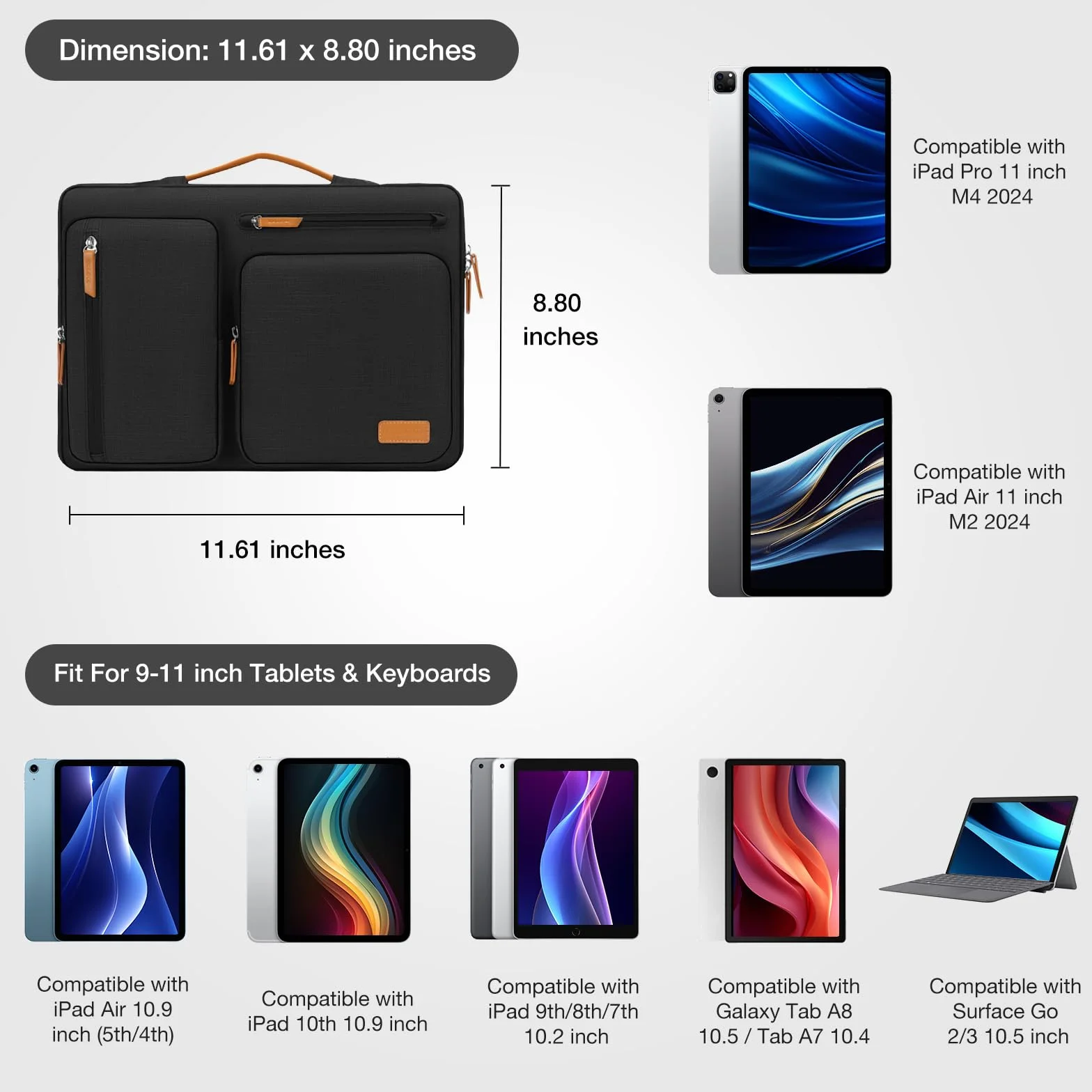 MOSISO 9-11 Pollici Custodia Tablet per iPad A16 2025, iPad Air 11 Pollici M3 M2, iPad Pro 11 M4, iPad 10/9/8/7th, Galaxy Tab A9+/S9/S8/Plus 11, Lato Aperto Borsa con 4 Tasche con Zip, Nero