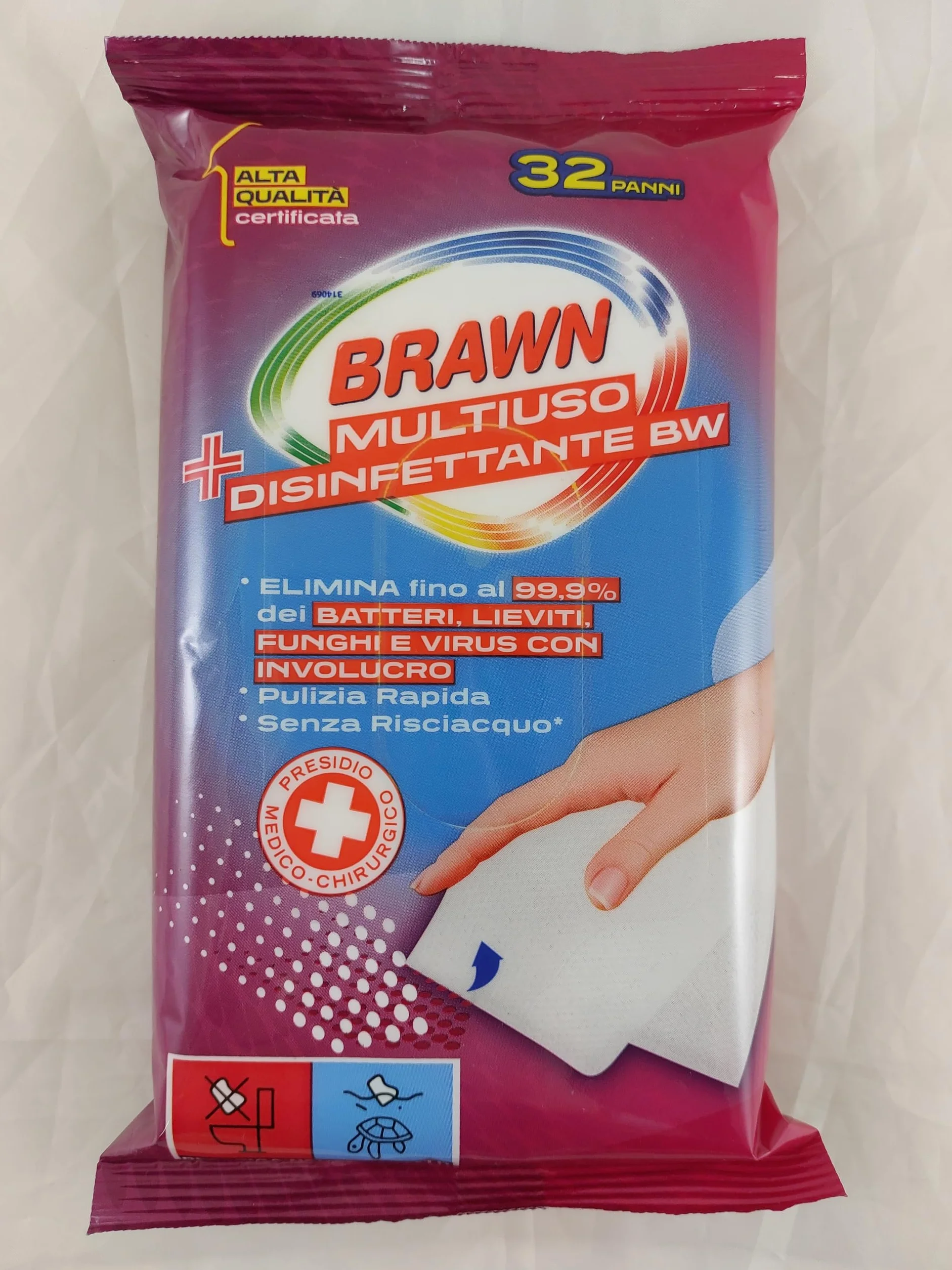 Brawn Salviette Disinfettanti Multiuso 32 pz, Elimina 99,9% Batteri Funghi Virus, Presidio Medico Chirurgico