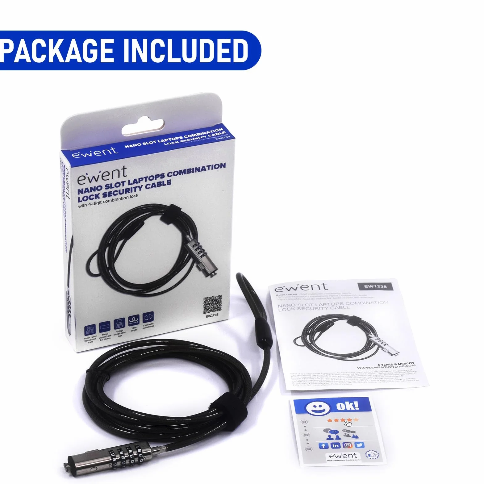 EventCavo di Sicurezza con Serratura a Combinazione, Cavo per Notebook, Laptop, PC, Proiettori, Serratura a Combinazione in Acciaio Resistente con Nano Slot, Lungo 1,8 Metri