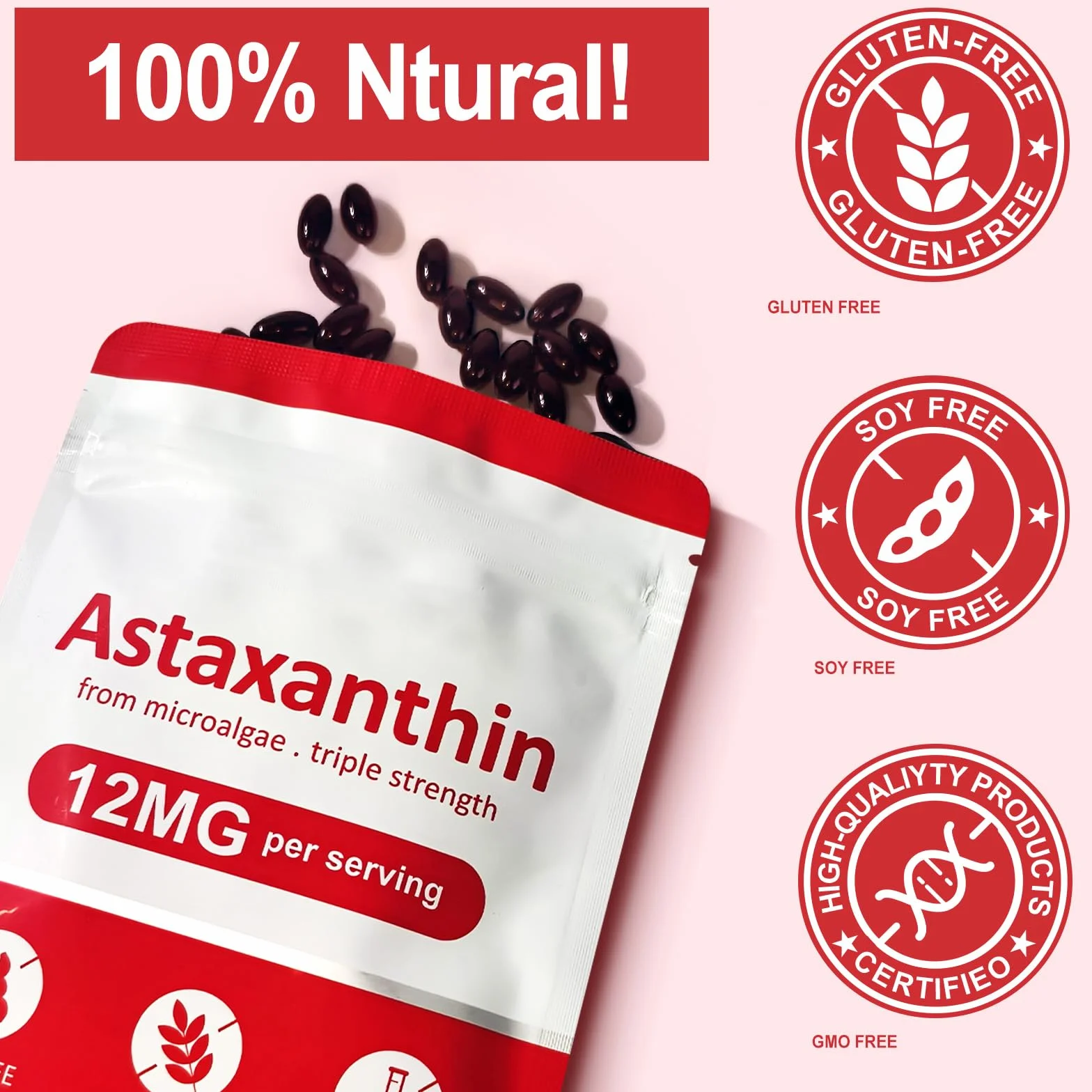 Astaxantina 12 mg 120 Softgel Integratore Antiossidante Tripla Forza Microalghe Fresche