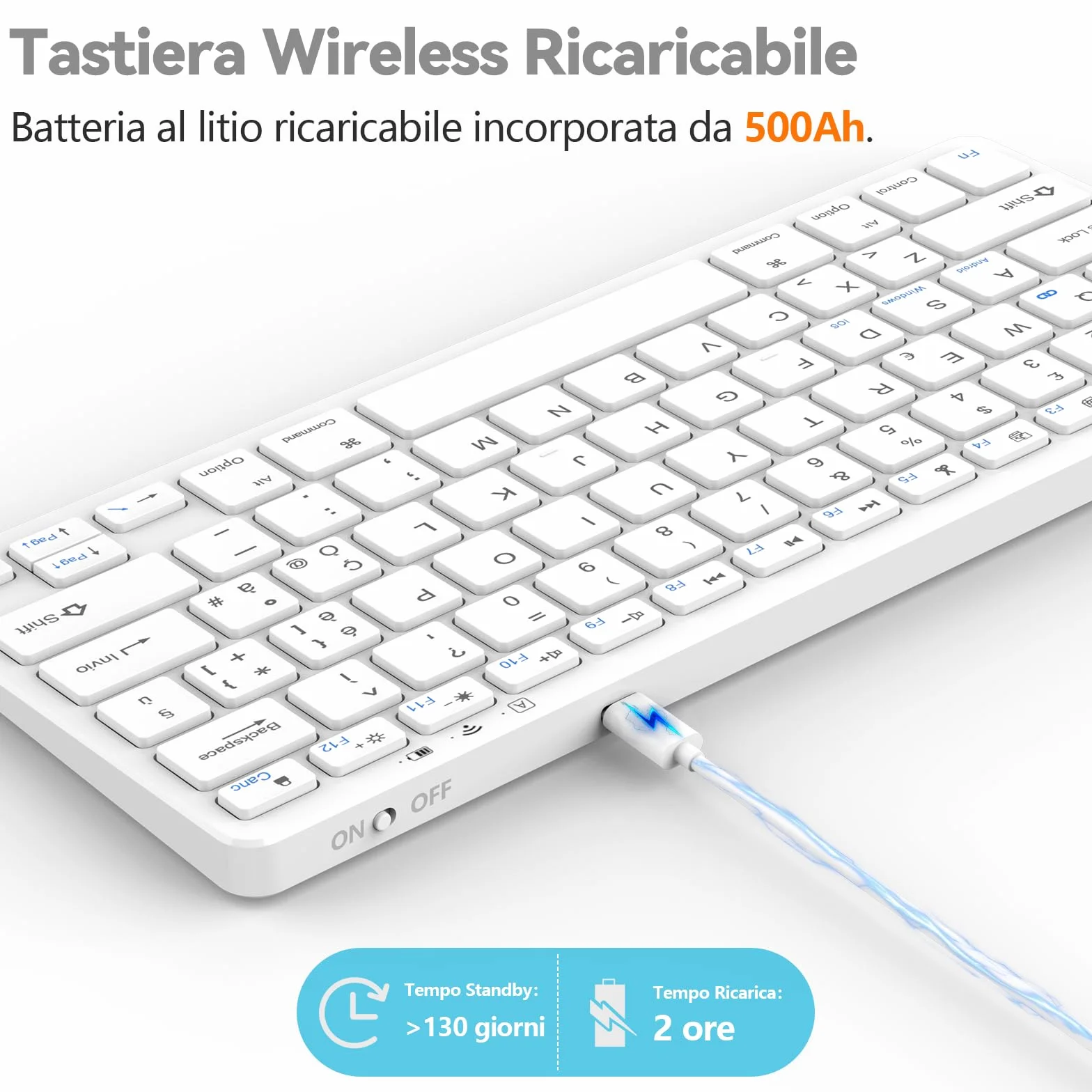TQQ Tastiera Bluetooth Ricaricabile per iPad, Air, Pro, Mini, Samsung Tablet, Android e Windows, Tastiera Wireless, Bianco