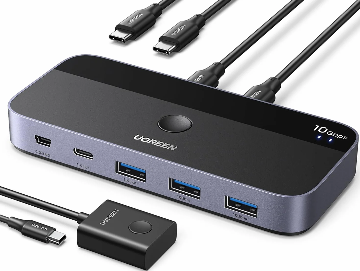 UGREEN Switch USB C 3.2 10Gbps 4 porte Switcher 2 Ingressi 4 Uscite 2 PC KVM Interruttore con Controller Desktop e 2 Cavi Tipo C Inclusi per Tastiera Mouse Stampante Hard Disk Scanner