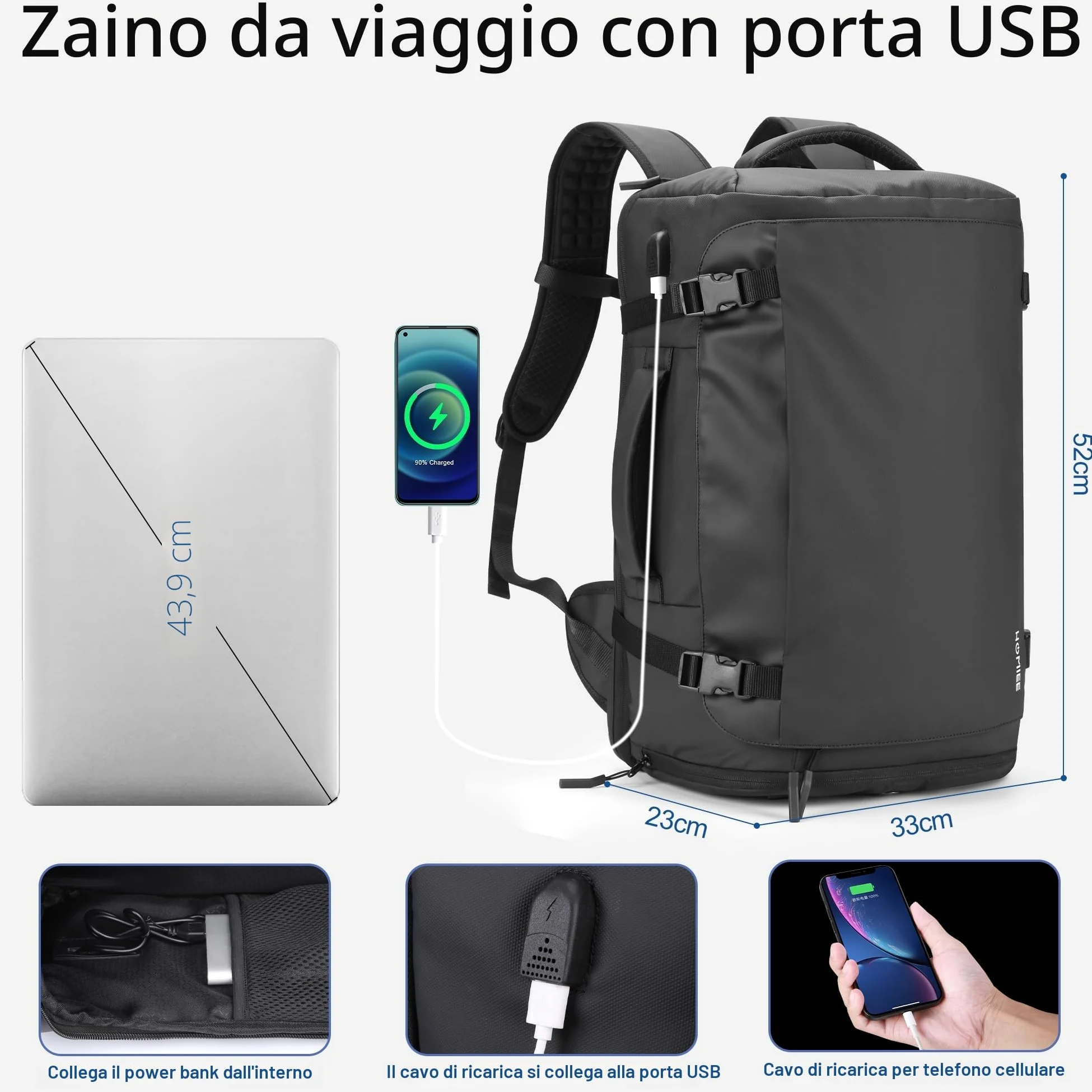 HOMIEE Zaino da Viaggio 40L Grande Zaino Bagaglio a Mano con Scomparto per Scarpe Resistente All'acqua Zaini Porta PC 17,3 Pollici con Porta USB Zaini Aereo Omologato per il Volo