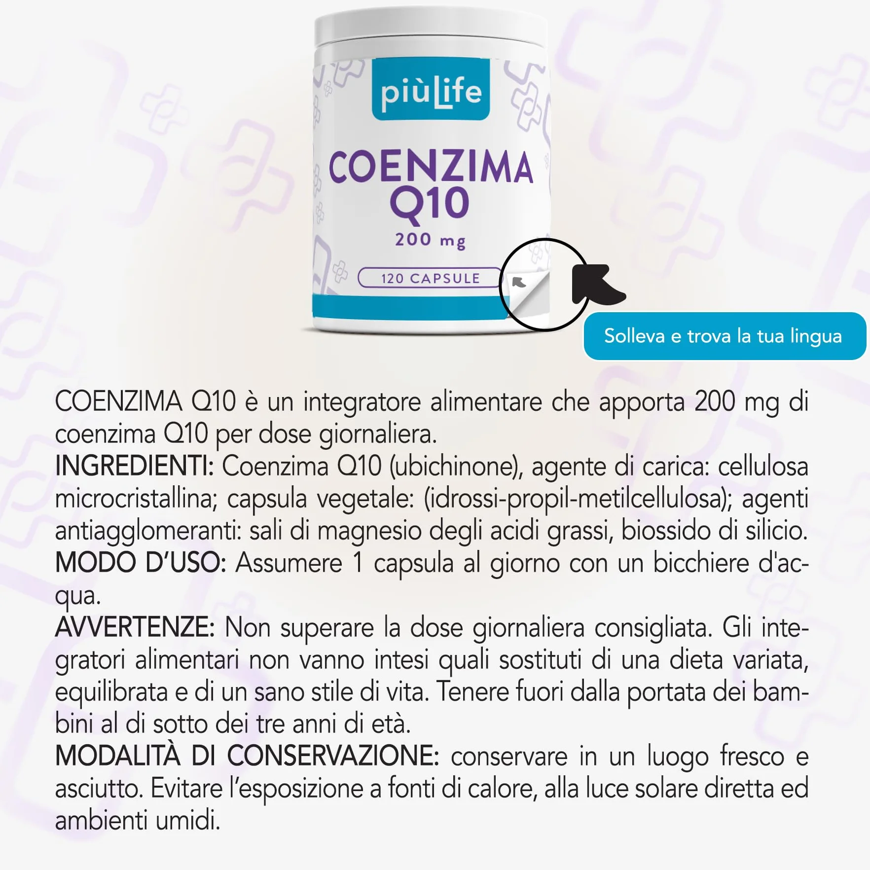 PiùLife Coenzima Q10 200mg 120 Capsule CoQ10 Ubiquinone Antiossidante Integratore Energia