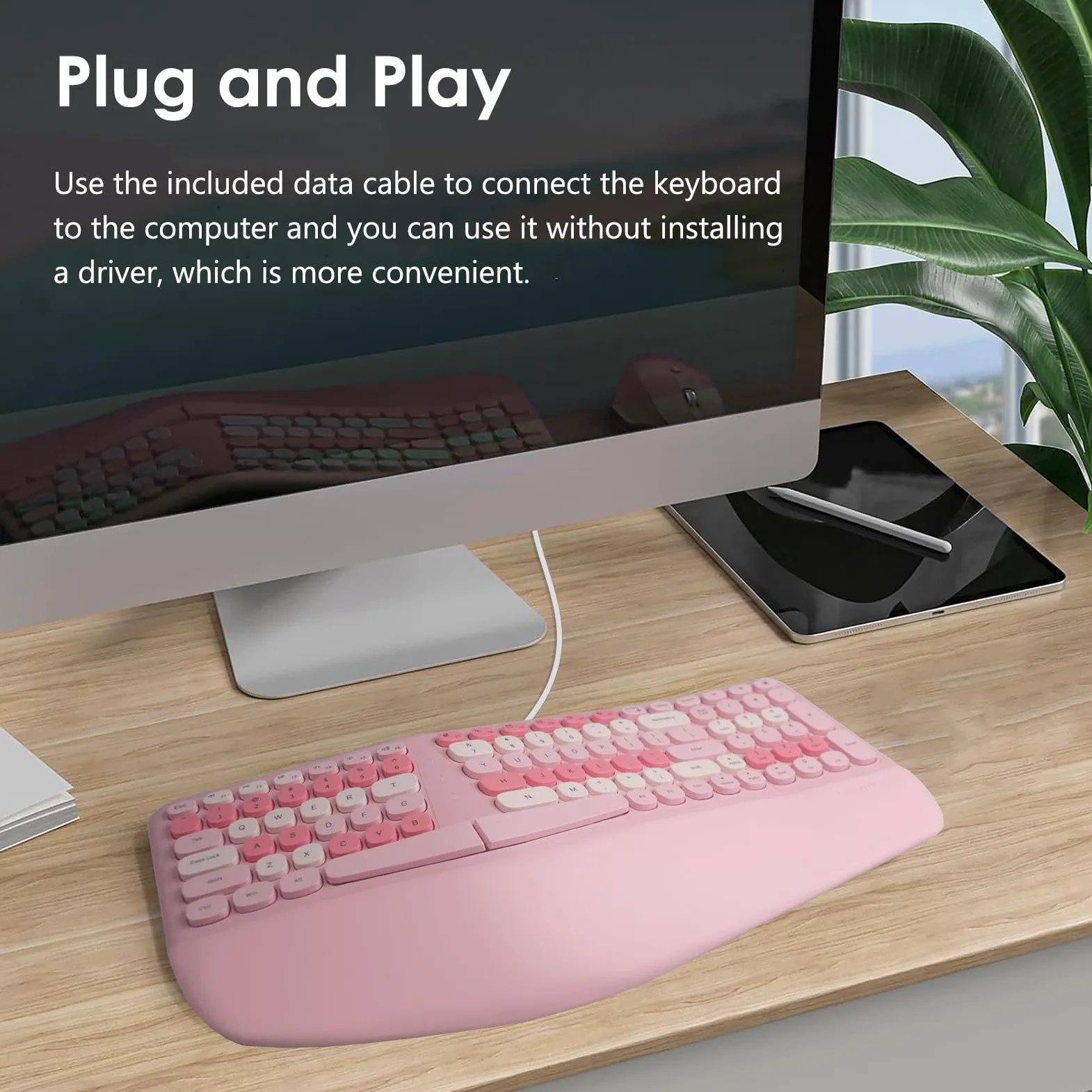 Lomiluskr Tastiera ergonomica cablata con poggiapolsi in PU, tastiera per tunnel carpale, design colorato con split ergo, comoda digitazione naturale, compatibile con PC/laptop (rosa)