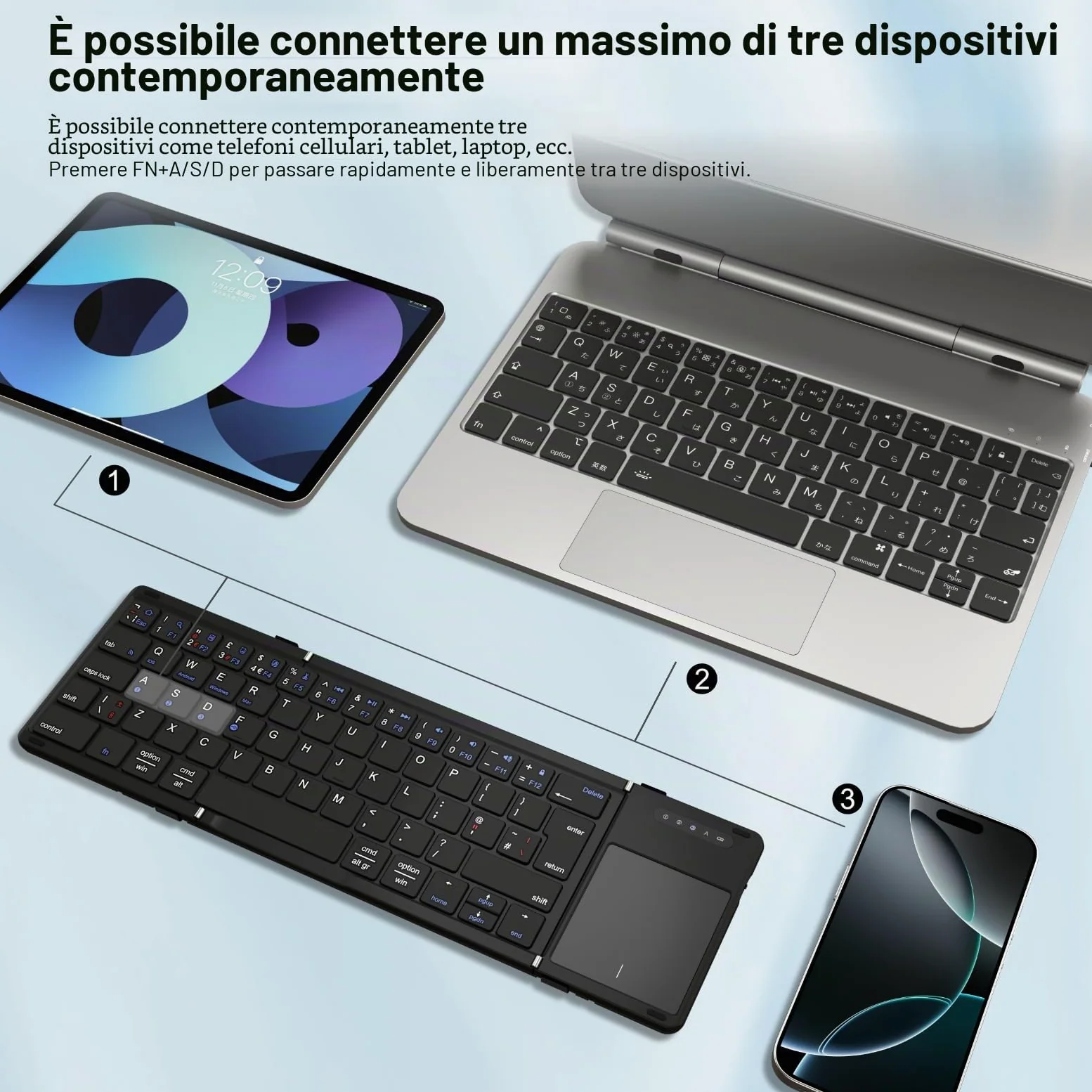 Tastiera Bluetooth pieghevole con touchpad, collega quattro dispositivi, connessione Bluetooth + cavo USB, QWERTZ tedesco con trackpad, per iOS, Android, Windows, laptop, PC