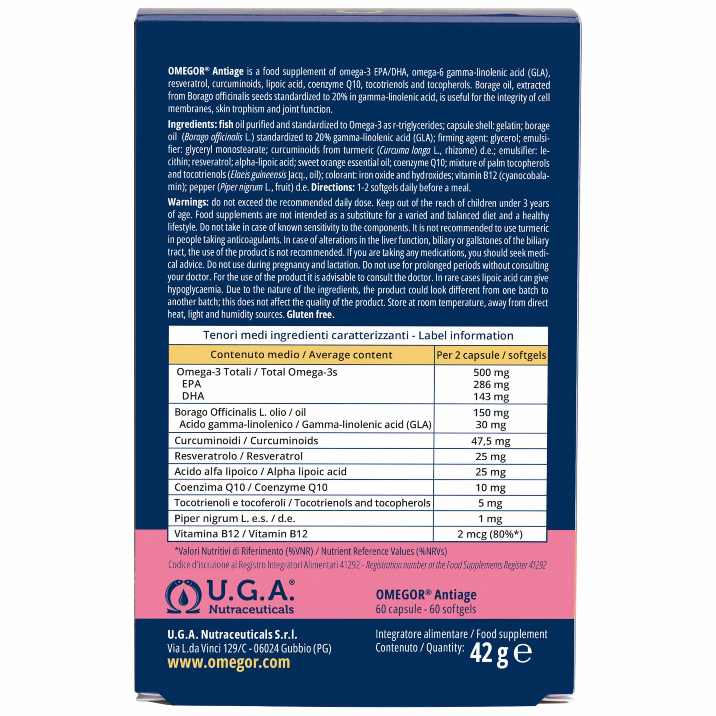 OMEGOR Antiage Integratore Pelle Antiossidante con Omega 3 e 6, Coenzima Q10, Resveratrolo, Alfa Lipoico e Curcuma (60 Capsule)