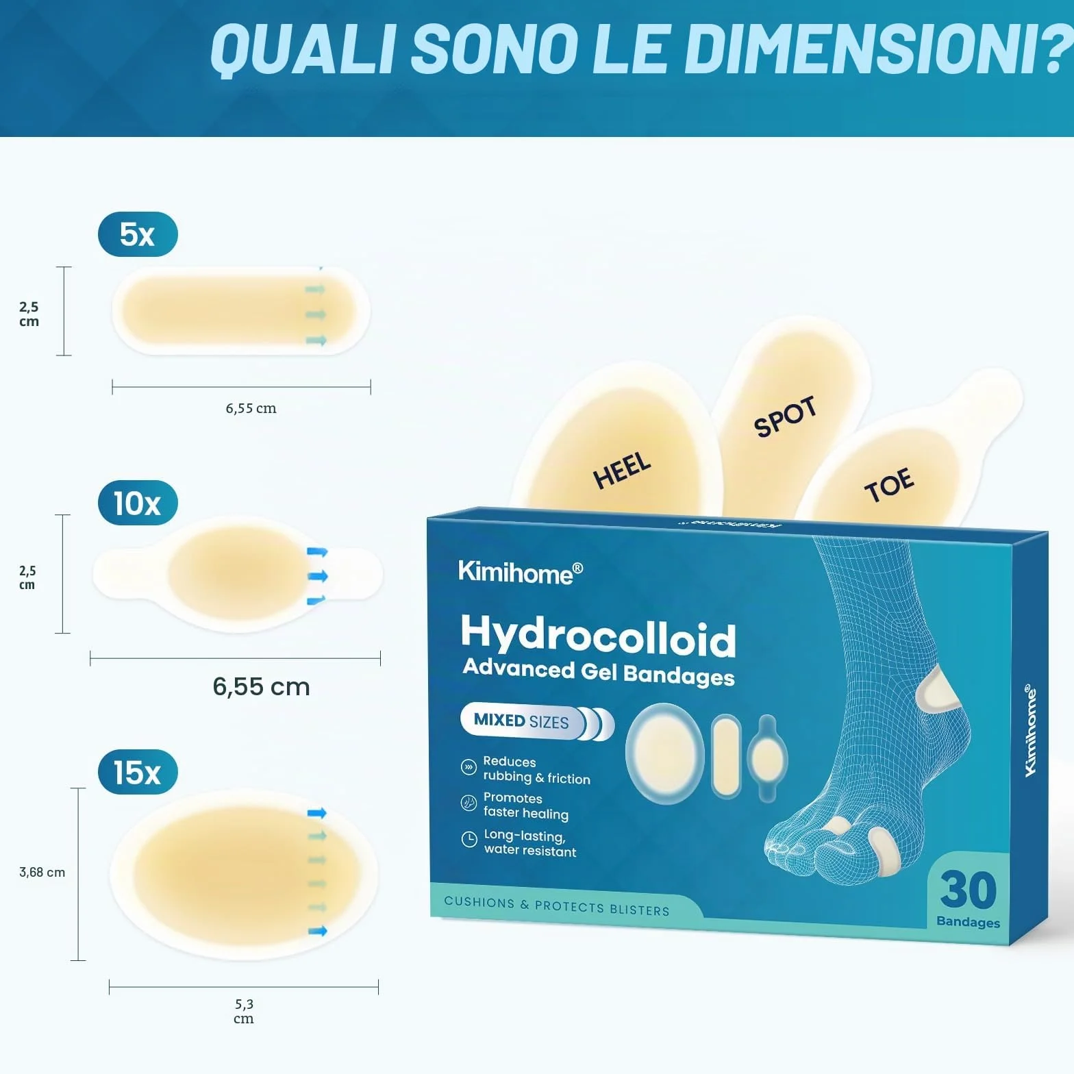 Kimihome Cuscinetti idrocolloidali per piedi 30 ct, gel per tallone e dita, prevenzione vesciche, resistenti all'acqua