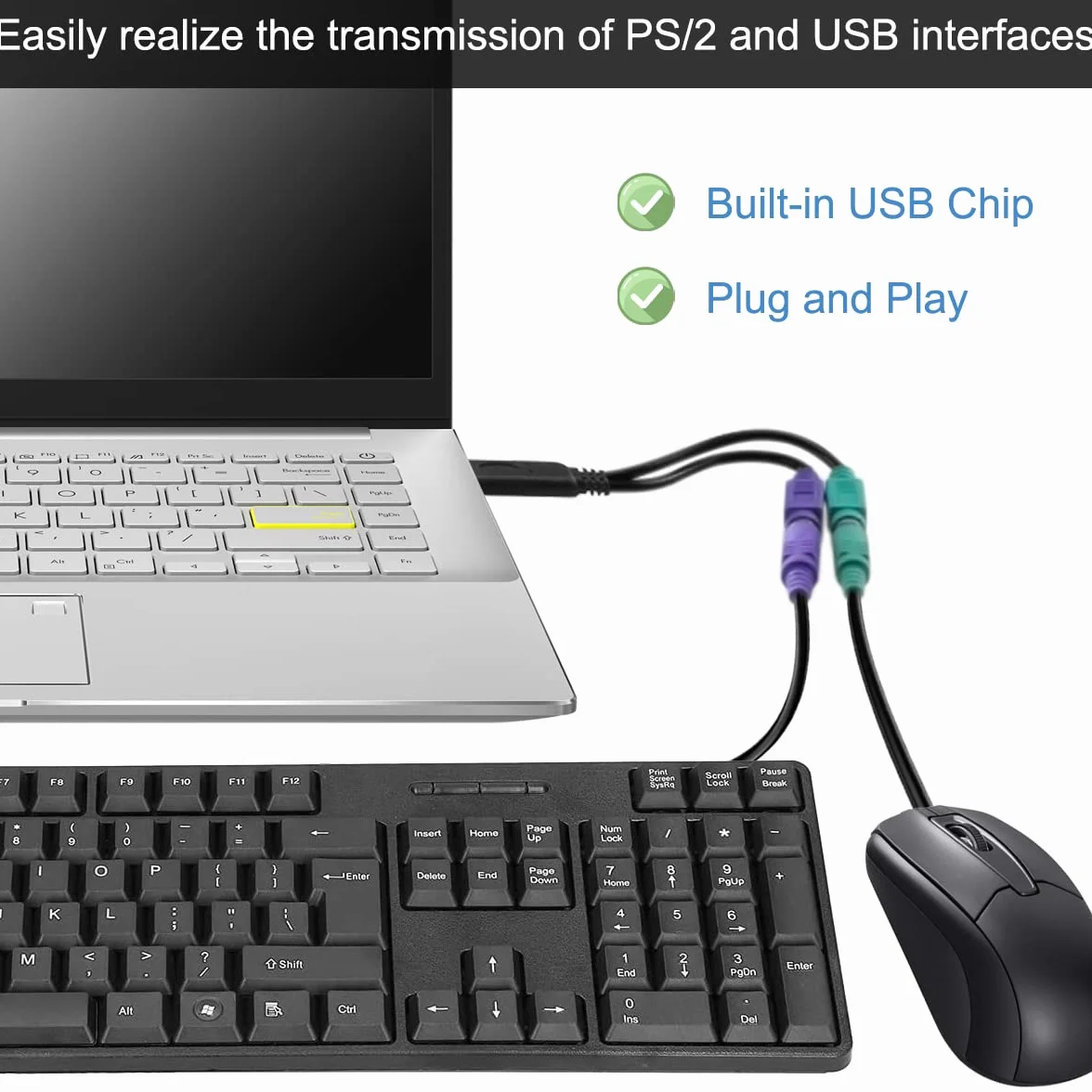 Cavo adattatore mouse tastiera adattatore PS2 a USB, spina maschio PS/2 femmina a USB A con chip, cavo convertitore 2 in 1 da PS2 a USB 2.0