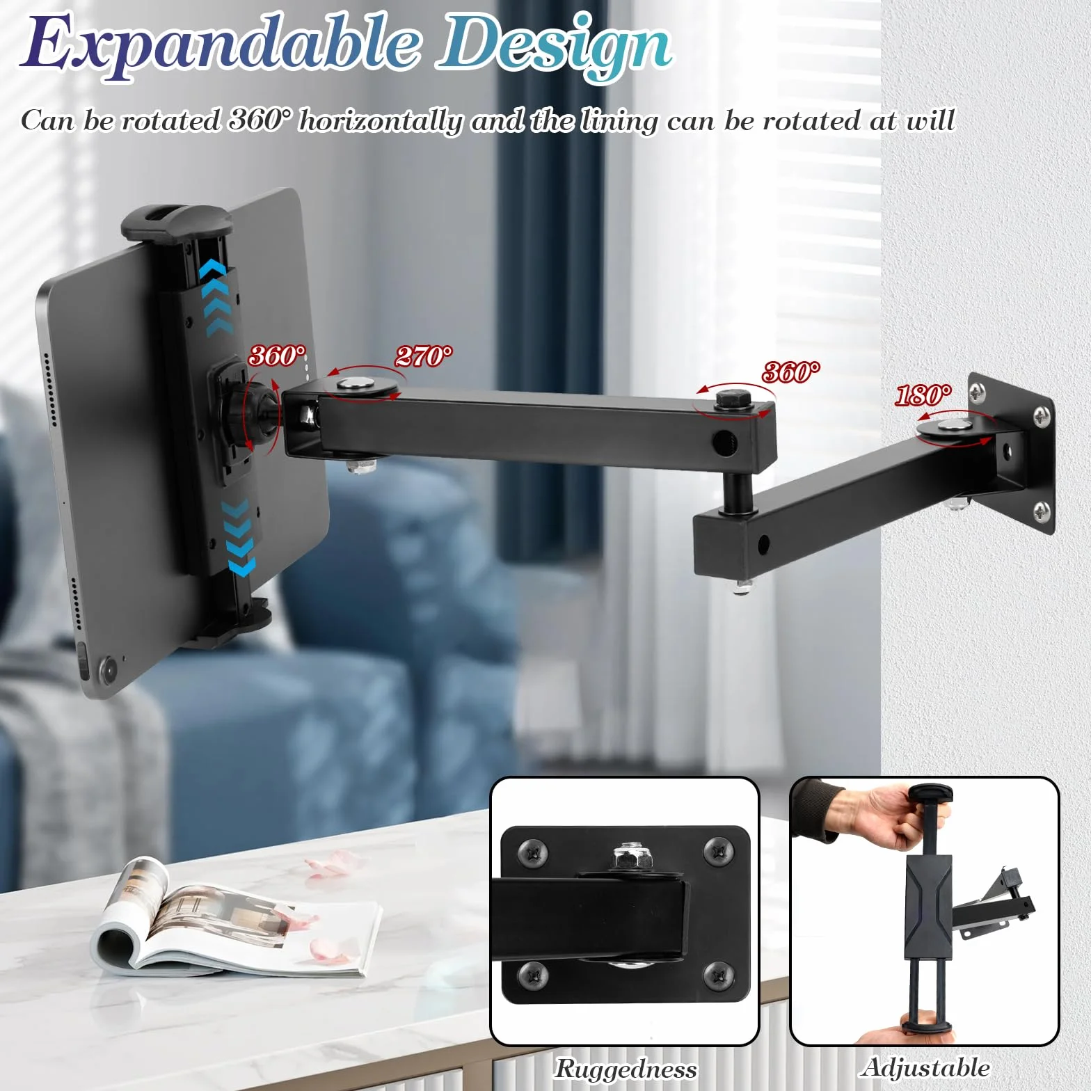Dadabig Supporto da Parete per Tablet, Supporto Muro Tablet con Braccio Regolabile, Supporto Tablet Girevole a 360° Gradi per Tutti Smartphone e Tablet da 4-13 Pollici