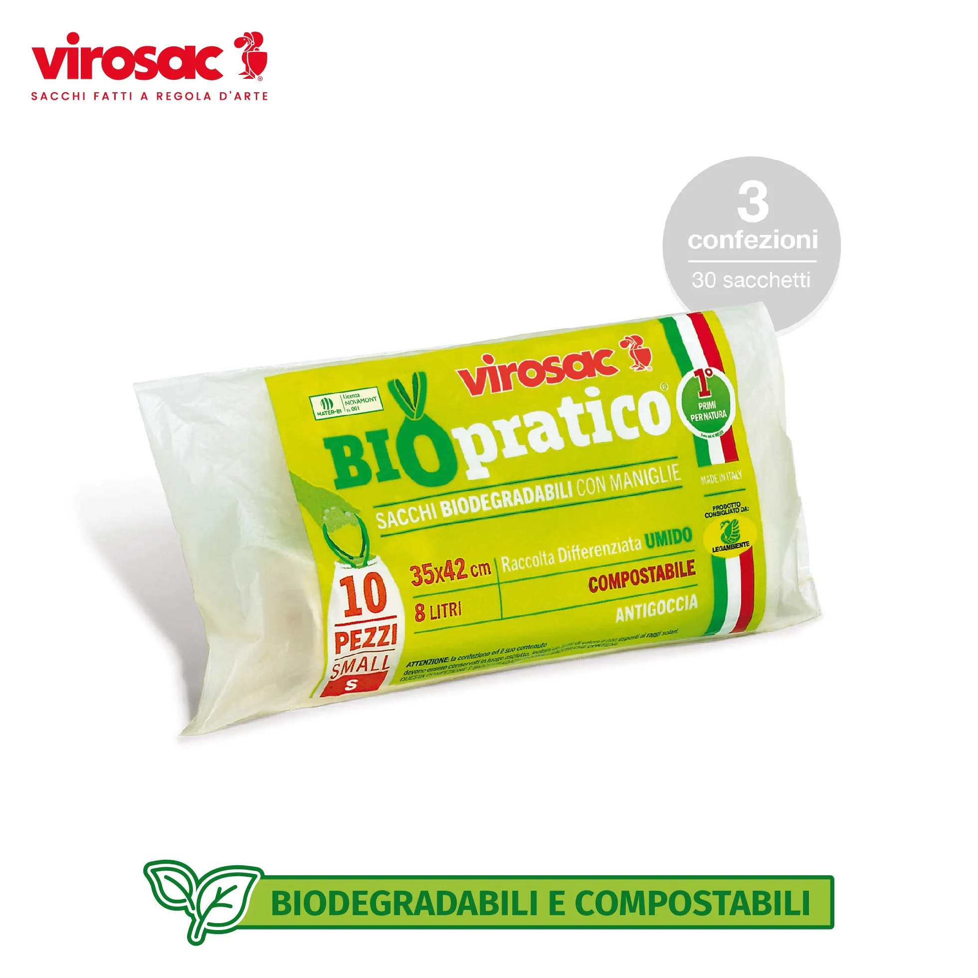VIROSAC Biopratico Sacchetti Rifiuti Biodegradabili 35x42 con Maniglie 30 Pezzi