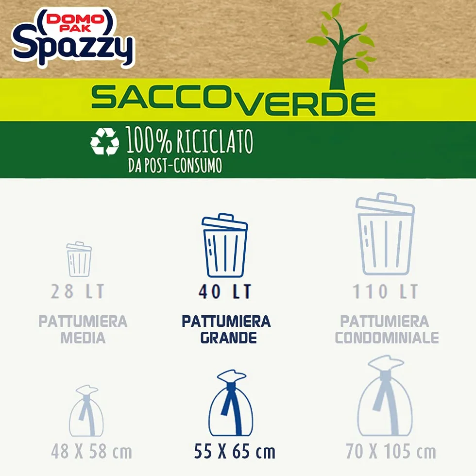 Domopak Spazzy Sacchi Nettezza Saccoverde Avvolgi & Chiudi 40 Lt Verde Riciclato 5 Confezioni 100 Pezzi 1350 g