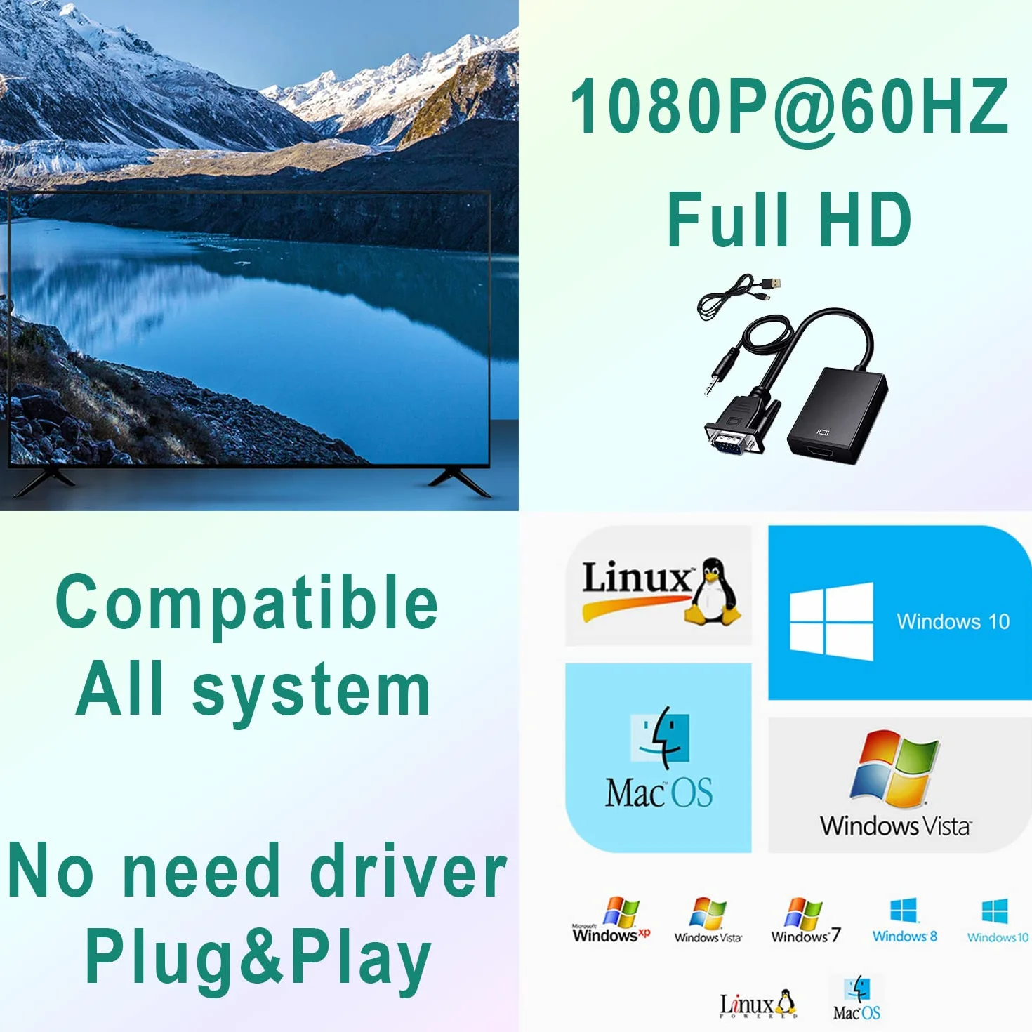 Adattatore da VGA a HDMI, Convertitore da VGA Maschio a HDMI Femmina con Cavo Audio da 3,5 mm e Cavo di Alimentazione Convertitore da VGA to HDMI per Monitor Proiettore TV