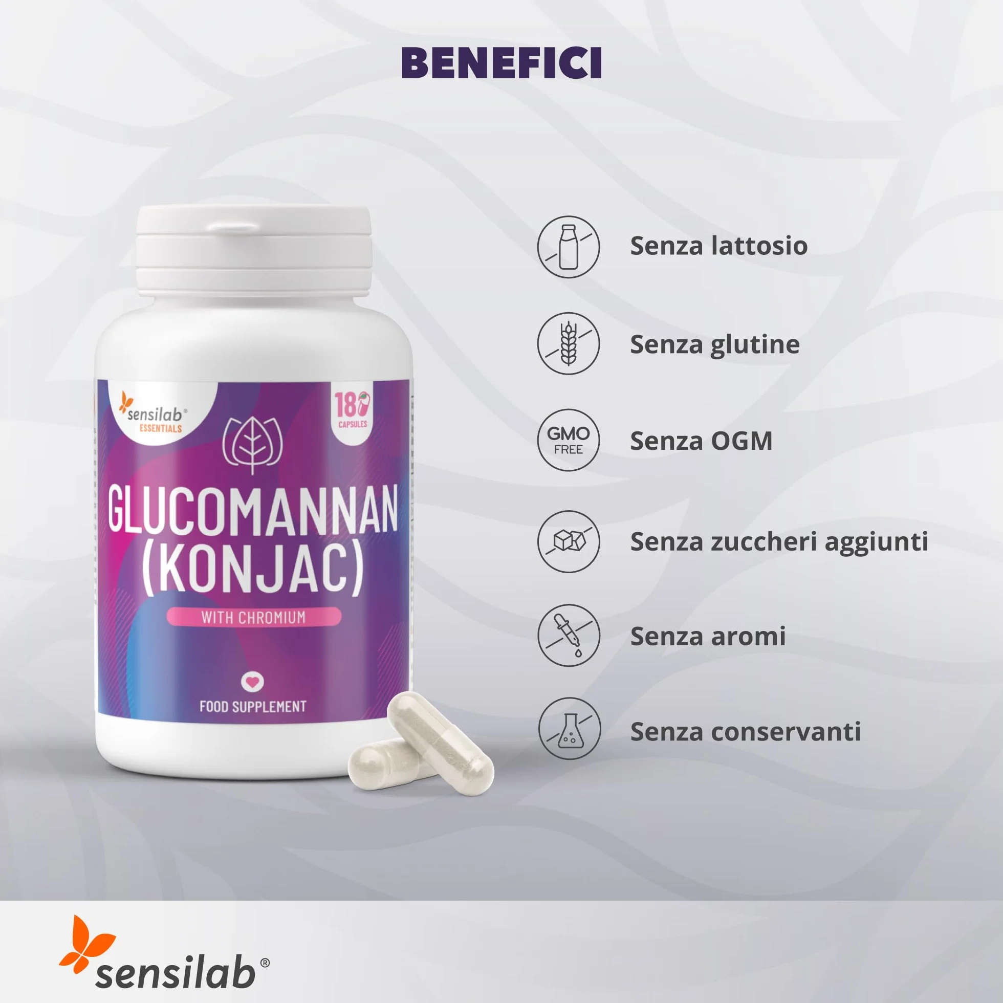 Glucomannano Konjac 3000 mg Capsule Alto Dosaggio con Cromo Fibre Vegane 180 capsule Sensilab Essentials