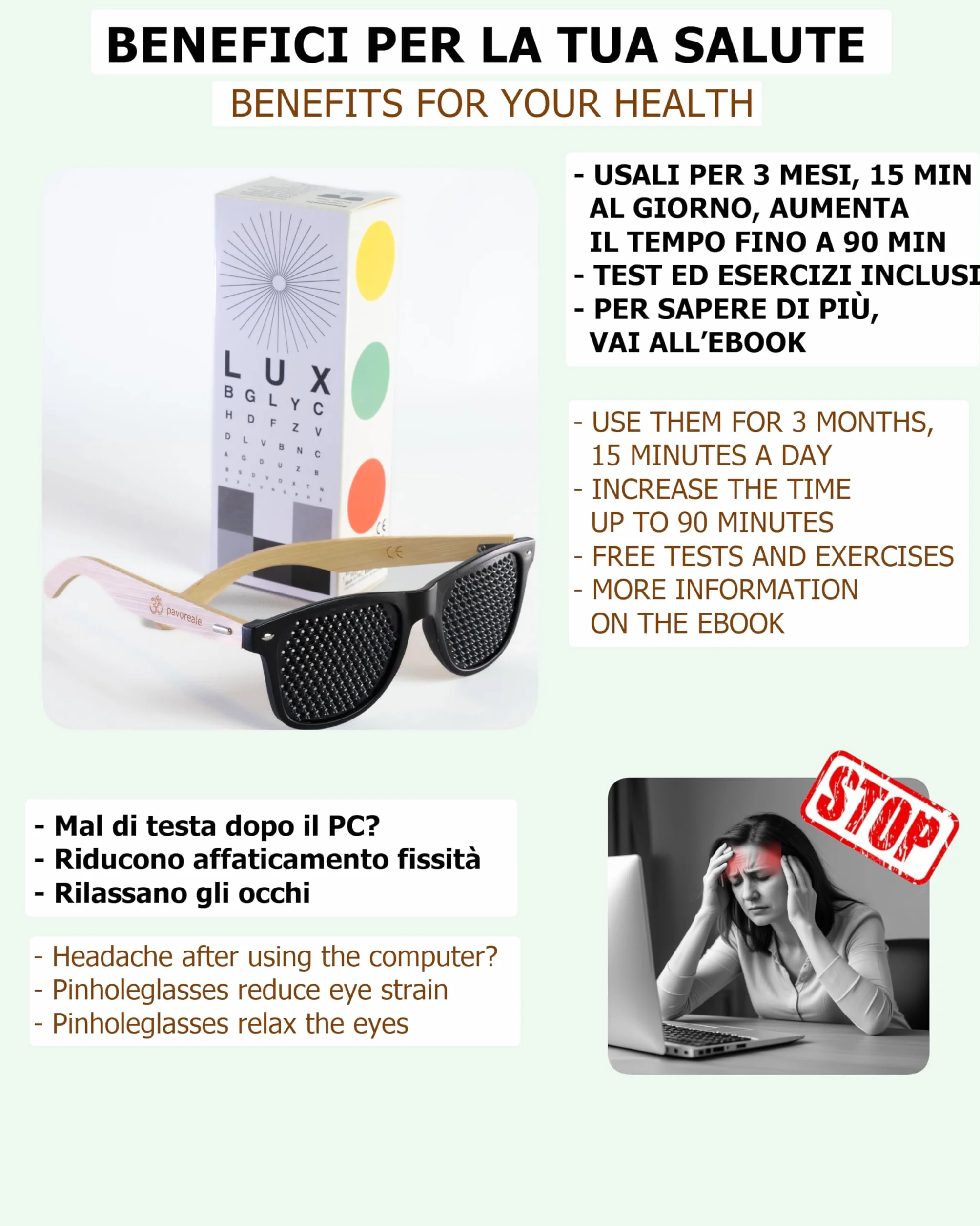 Occhiali stenopeici certificati pinhole glasses con EBOOK GRATS Bates, aste in bambù