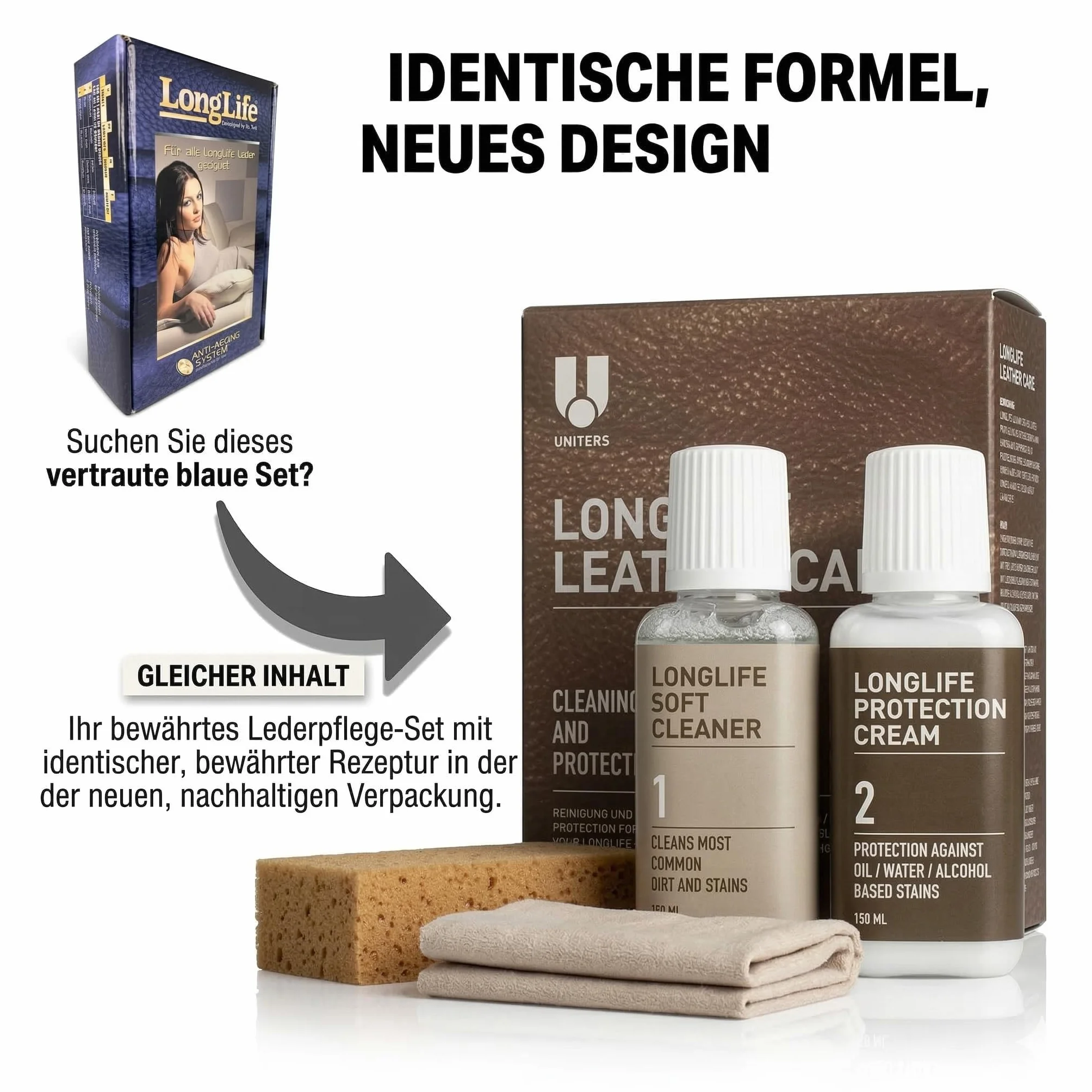 Uniters Longlife Leather Care Set 2 x 150 ml detergente crema protettiva spugna panno per pelle liscia