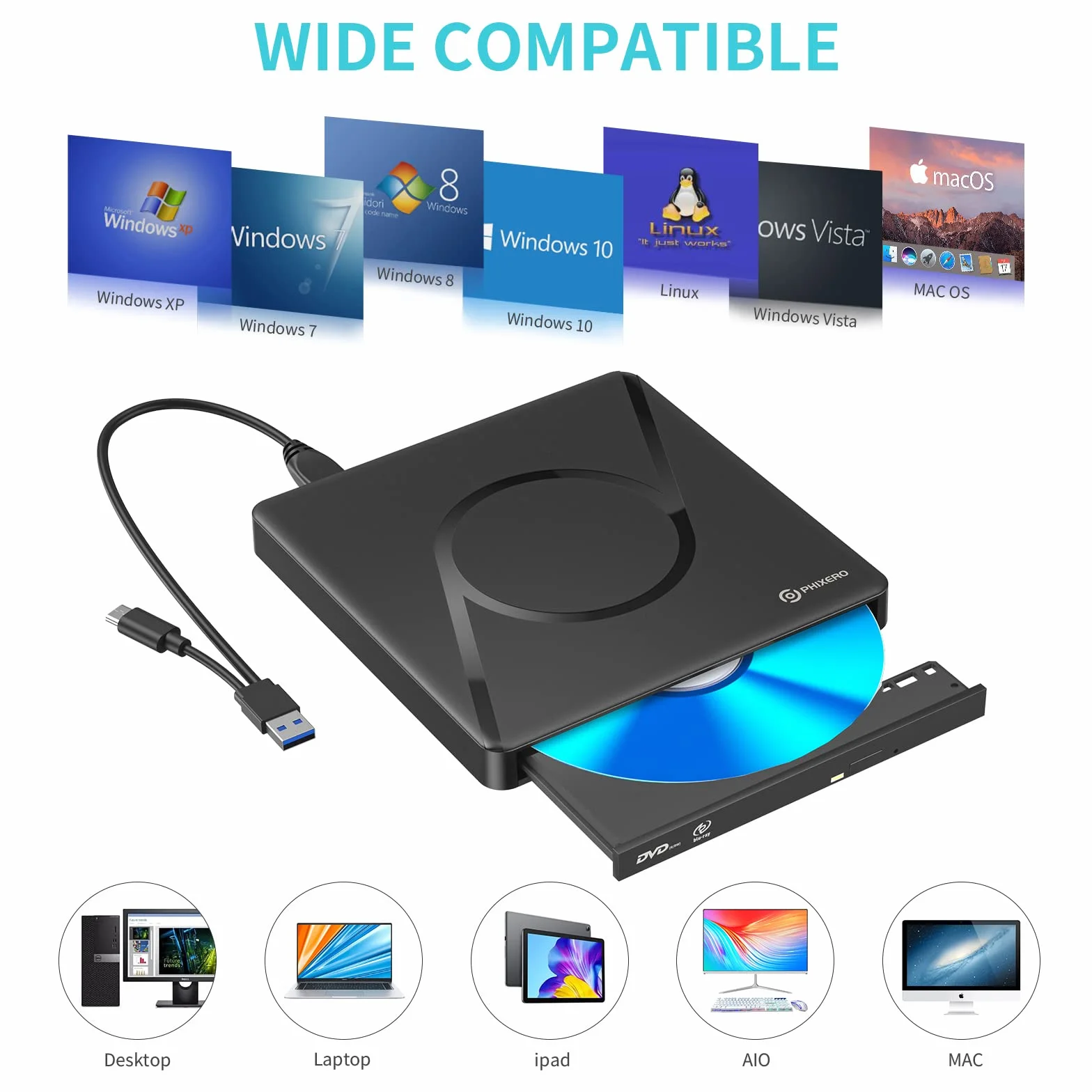 PHIXERO Masterizzatore DVD 3D Blu-ray portatile, USB 3.0 con unità Blu-ray Ultra HD 4K e cavo USB per Mac OS, Windows XP/7/8/10, Linux, Vista, PC portatile